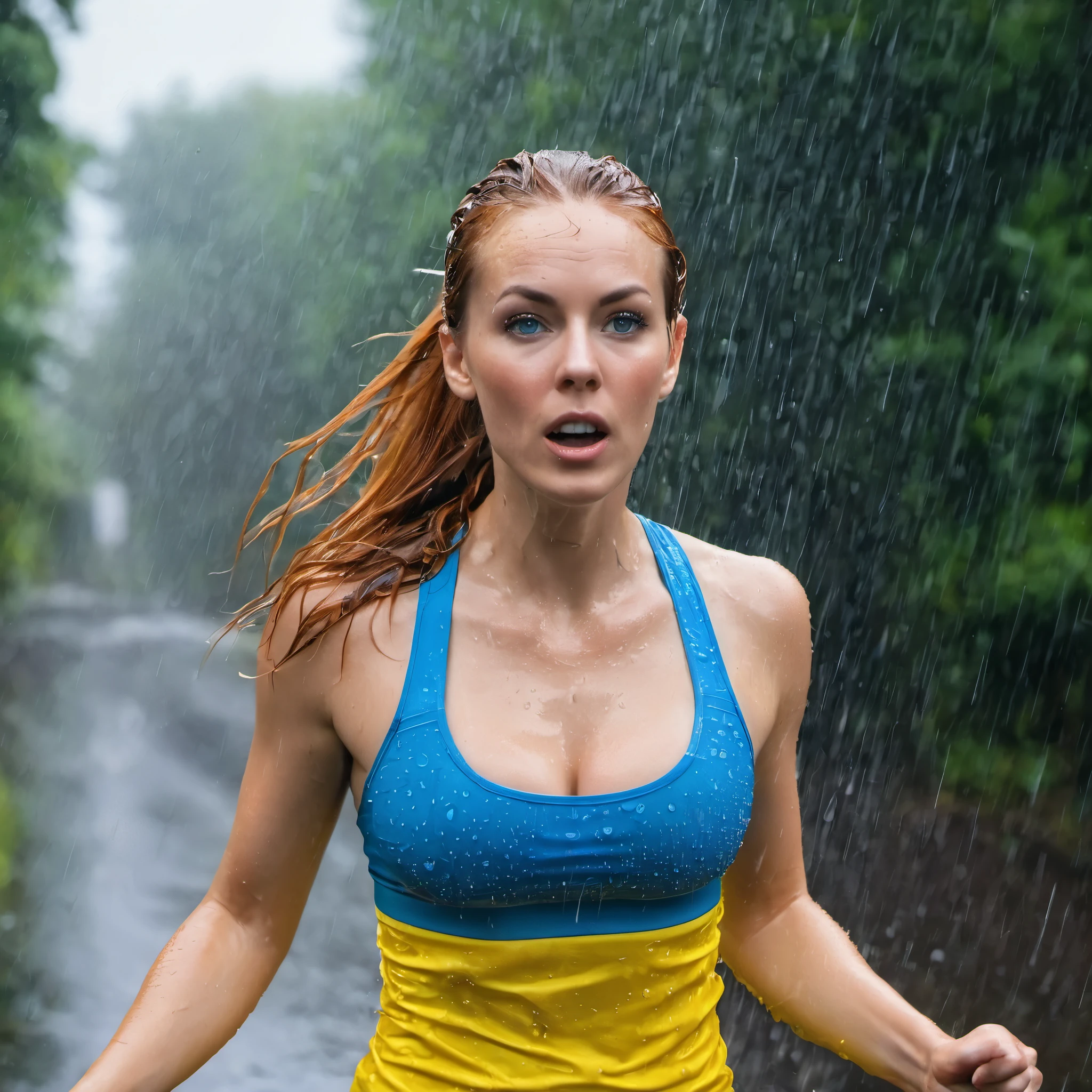 Portrait of a beautiful woman (25 Jahre alt), lange rote Haare und blaue Augen, steht im Regen, klitschnass von oben bis unten, after she was suddenly caught in a rain shower while jogging. Her gym clothes are completely soaked and fit tightly to her body. She is wearing a yellow sports bra, das ihre Silhouette betont. She is wearing tight blue sports leggings, is also soaked and hugs her legs tightly. She wears flat feet, Sneaker. Strukturierte Haut, Kurven, perfekte Figur, big (Cleavage). Sie steht da und grinst. Im Hintergrund sieht man ein Stadtbild im Regen, nass. Fotorealistisch, schnelle Belichtungszeit, mittlere Blende, mittlere Brennweite.