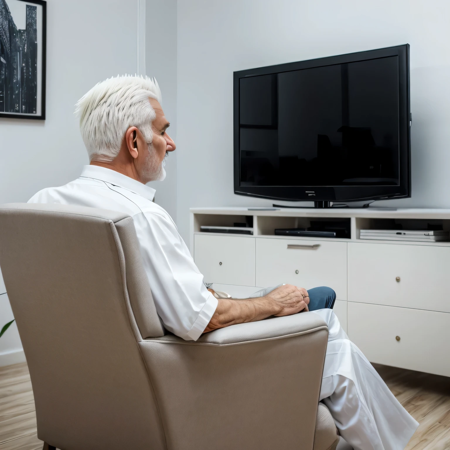 em um quarto branco, an elderly man with spiky white hair is sitting in an armchair with his back watching television., realista, detalhado, photographic, 8k