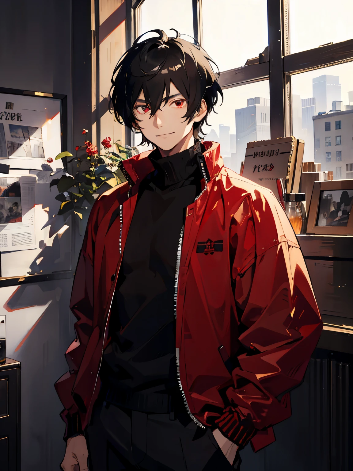 (Masterpiece), (best quality), very detailed, ((1 male)), solo, very detailed, Solo, male, short hair, black hair with white highlights on black hair, two-tone hair, white hair, red eyes, in front of the window, casual clothes, brown turtleneck, red sweater jacket, handsome, [evil smile]