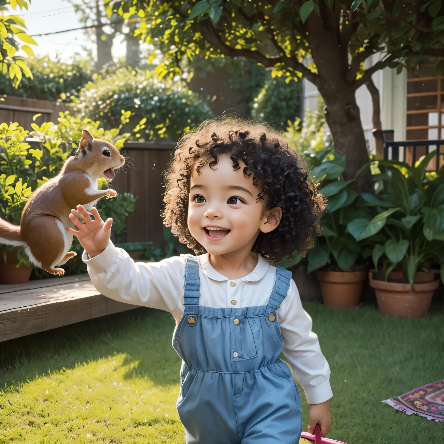 (best quality, ultra-detailed, realistic:1.37), 2--old py boy playing with three squirrels in his house garden, curly hair, joyful expression, vibrant colors, lush greenery, playful atmosphere, cute and fluffy squirrels, sunny day, child's laughter, heartwarming scene, vivid nature, lively interactions, tender bond, innocence and happiness, outdoor fun, adorable moments, lively and dynamic composition, charming childhood memories, joyful exploration