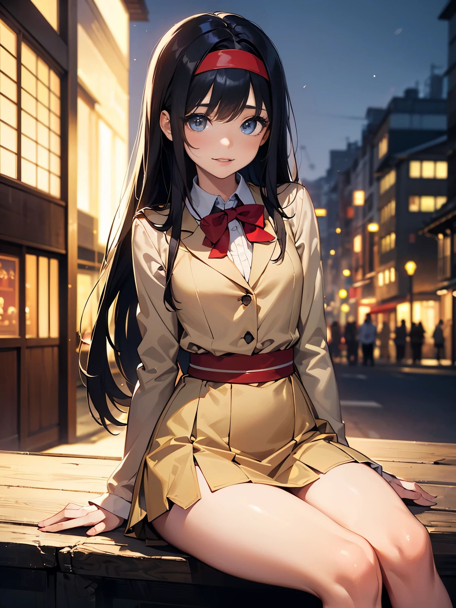 High resolution, Venice, Streets of Europe,((The long-haired:1.3)),(Black hair),Hair is straight,(Yellow headband:1.3), (Red Blazer:1.3),(Red vest:1.3),(long-sleeve:1.3),Detailed photos of beautiful women_Face, Young and handsome girl,Realistic:0.5, Perfect Skin, (hyper detailed background, Detailed background), (Very beautiful beautiful Japan woman),(Beige skirt:1.3),((small udder)),((skinny thigh)),Soft skin, High school students,Tall,Mature body,Nice big blue eyes, (High detail eyes),depth of fields),Soft light, Lens glows,looking at viewert, (drooping eyes:1.2), Straight teeth,Smile, Floating hair, Cinematic, fulcolor, 4K, 8K, professional colorgraded, Professional Photography, Soft and clear focus, Photorealistic illumination and shadowing, (Very delicate and beautiful art)1.3, Bokeh, Elegant,Effective angle,Vitality constitutes a breakthrough eyes beautiful eyes, Princess Eyes, (Big eyes:1.3), hair between eye, (slender:1.1), (thin waist: 1.15), (Detailed beautiful girl: 1.4), Parted Lip, Full makeup, (Shiny skin), ((Perfect female body)), Perfect Anatomy, Perfect proportions, Very cute and beautiful Japan actress face:1.3),,(blush:1.1), Gray background, solofocus, (Bust Up Shot:1.2), Cinematic Light, (Nostalgic night view:1.4), Vivid glow of neon,