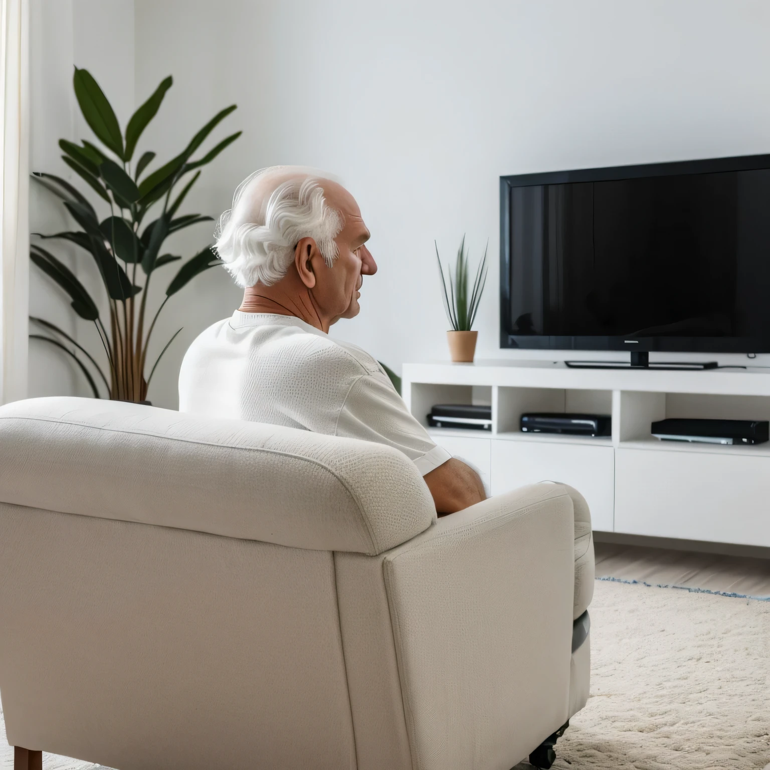 em um quarto branco, an elderly man with very curly white hair is sitting in an armchair with his back watching television., realista, detalhado, photographic, 8k