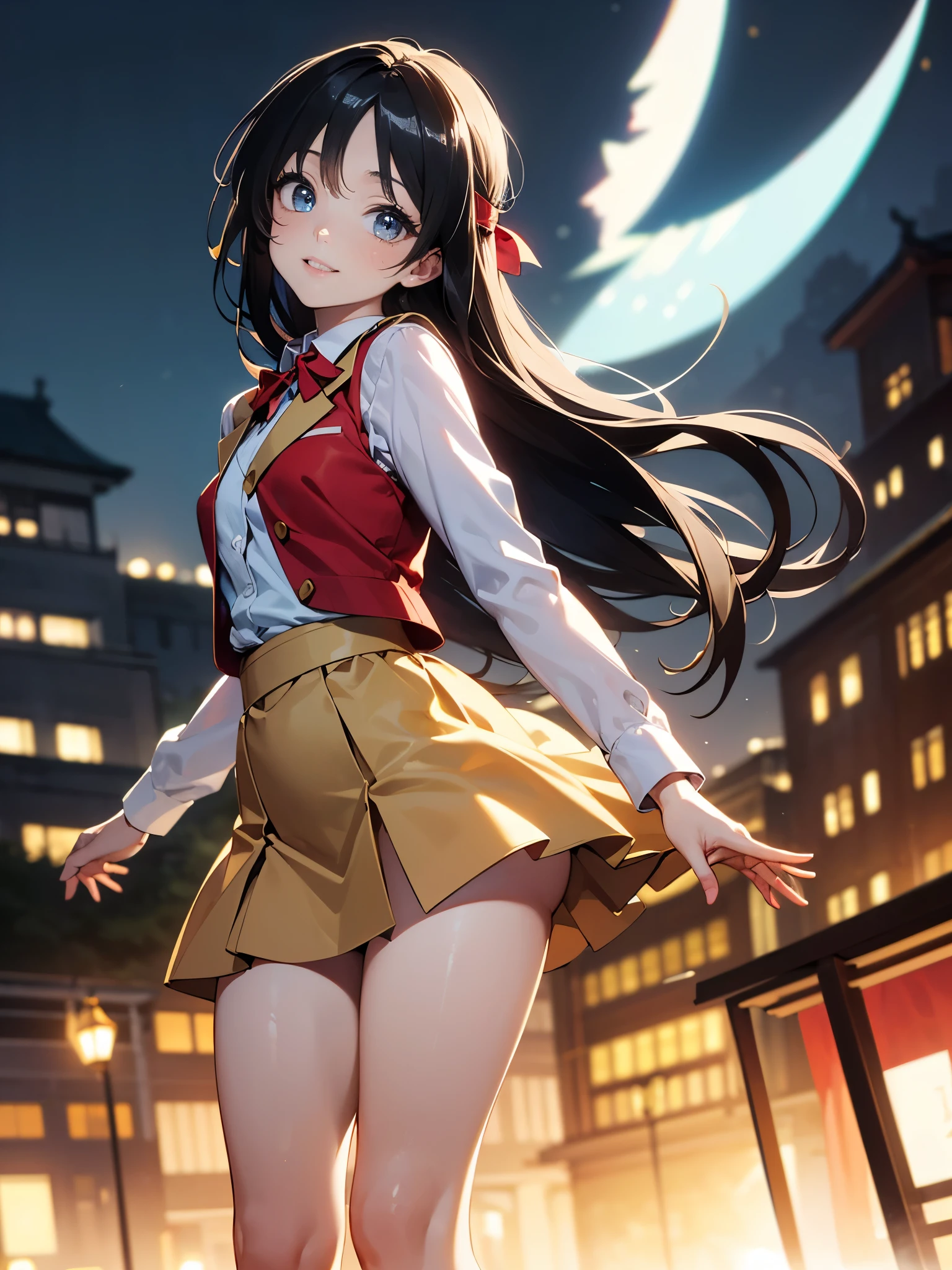 High resolution, Venice, Streets of Europe,((The long-haired:1.3)),(Black hair),Hair is straight,(Yellow headband:1.3), (Red Blazer:1.3),(Red vest:1.3),(long-sleeve:1.3),Detailed photos of beautiful women_Face, Young and handsome girl,Realistic:0.5, Perfect Skin, (hyper detailed background, Detailed background), (Very beautiful beautiful Japan woman),(Beige skirt:1.3),((small udder)),((skinny thigh)),Soft skin, High school students,Tall,Mature body,Nice big blue eyes, (High detail eyes),depth of fields),Soft light, Lens glows，looking at viewert, (drooping eyes:1.2), Straight teeth,Smile, Floating hair, Cinematic, fulcolor, 4K, 8K,  professional colorgraded, Professional Photography, Soft and clear focus, Photorealistic illumination and shadowing, (Very delicate and beautiful art)1.3, Bokeh, Elegant,Effective angle,Vitality constitutes a breakthrough eyes beautiful eyes, Princess Eyes, (Big eyes:1.3), hair between eye, (slender:1.1), (thin waist: 1.15), (Detailed beautiful girl: 1.4), Parted Lip, Full makeup, (Shiny skin), ((Perfect female body)),  Perfect Anatomy, Perfect proportions, Very cute and beautiful Japan actress face:1.3),,(blush:1.1), Gray background, solofocus, (Bust Up Shot:1.2), Cinematic Light, (Nostalgic night view:1.4), Vivid glow of neon,