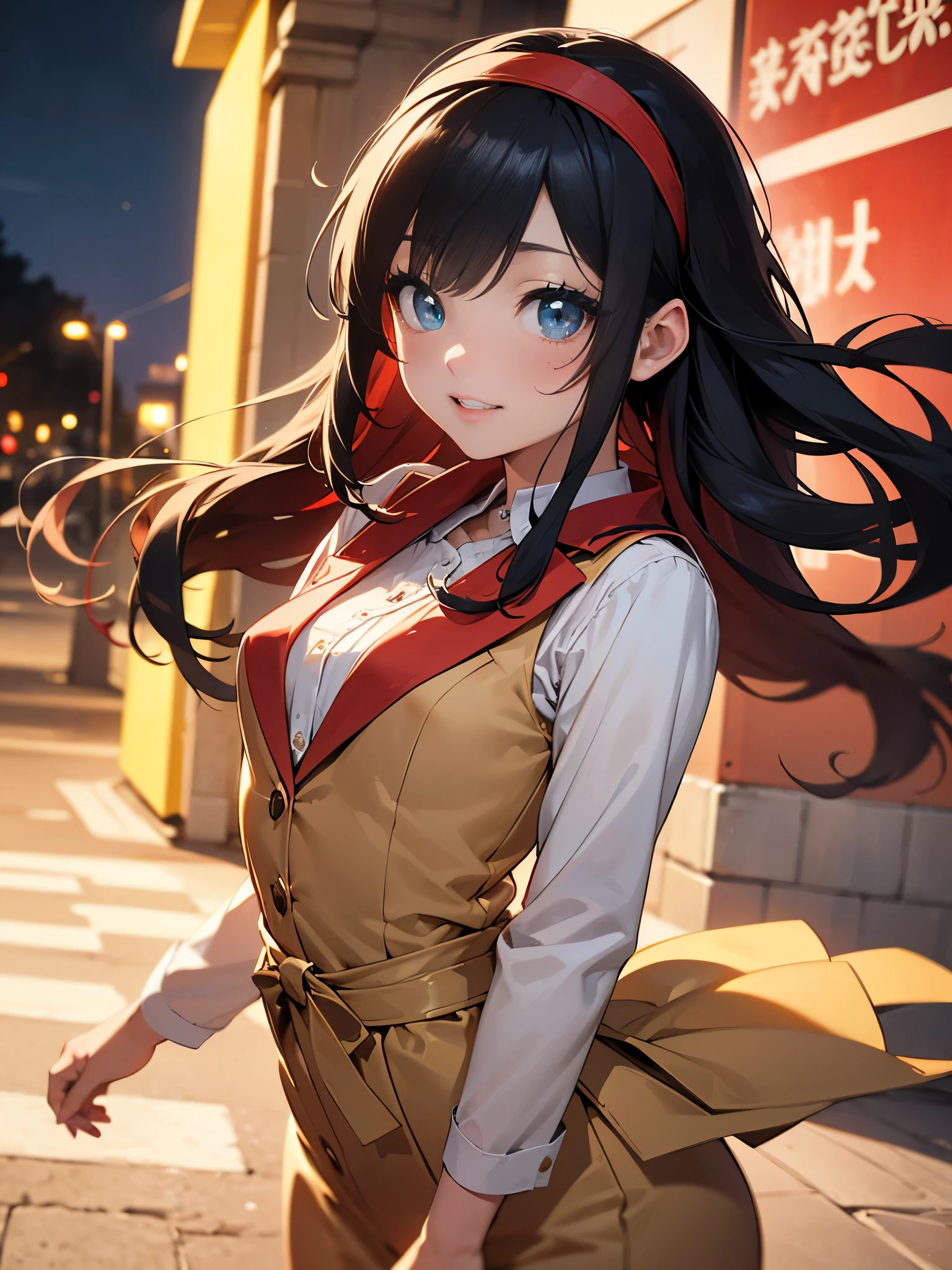 High resolution, Venice, Streets of Europe,((The long-haired:1.3)),(Black hair),Hair is straight,(Yellow headband:1.3), (Red Blazer:1.3),(Red vest:1.3),(long-sleeve:1.3),Detailed photos of beautiful women_Face, Young and handsome girl,Realistic:0.5, Perfect Skin, (hyper detailed background, Detailed background), (Very beautiful beautiful Japan woman),(Beige skirt:1.3),((small udder)),((skinny thigh)),Soft skin, High school students,Tall,Mature body,Nice big blue eyes, (High detail eyes),depth of fields),Soft light, Lens glows,looking at viewert, (drooping eyes:1.2), Straight teeth,Smile, Floating hair, Cinematic, fulcolor, 4K, 8K, professional colorgraded, Professional Photography, Soft and clear focus, Photorealistic illumination and shadowing, (Very delicate and beautiful art)1.3, Bokeh, Elegant,Effective angle,Vitality constitutes a breakthrough eyes beautiful eyes, Princess Eyes, (Big eyes:1.3), hair between eye, (slender:1.1), (thin waist: 1.15), (Detailed beautiful girl: 1.4), Parted Lip, Full makeup, (Shiny skin), ((Perfect female body)), Perfect Anatomy, Perfect proportions, Very cute and beautiful Japan actress face:1.3),,(blush:1.1), Gray background, solofocus, (Bust Up Shot:1.2), Cinematic Light, (Nostalgic night view:1.4), Vivid glow of neon,