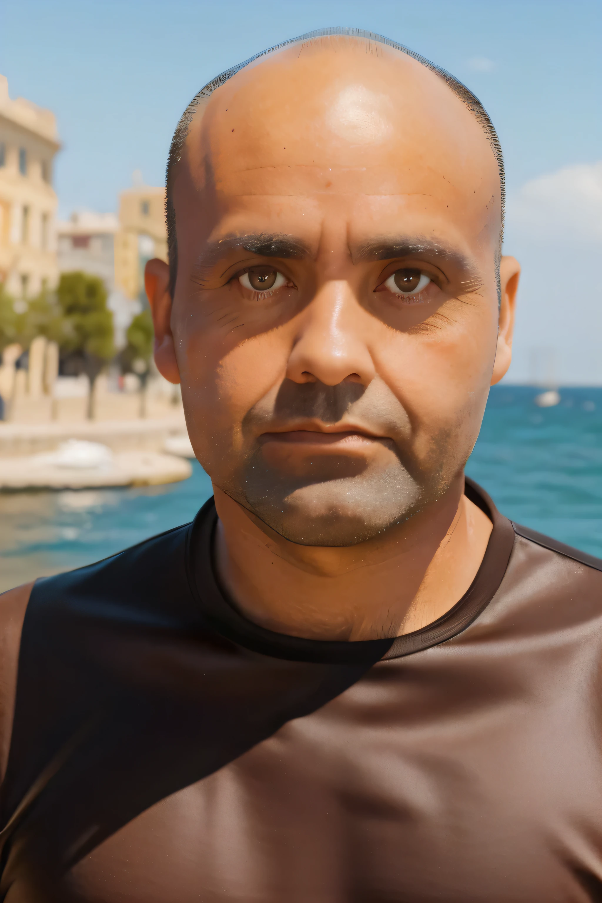 a 40 year old man,brown eyes,brown hair,little hair,almost bald,super detailed and professional photo,seafront in Marseille,Lamborgini,next to it,ultra realistic photo,4k