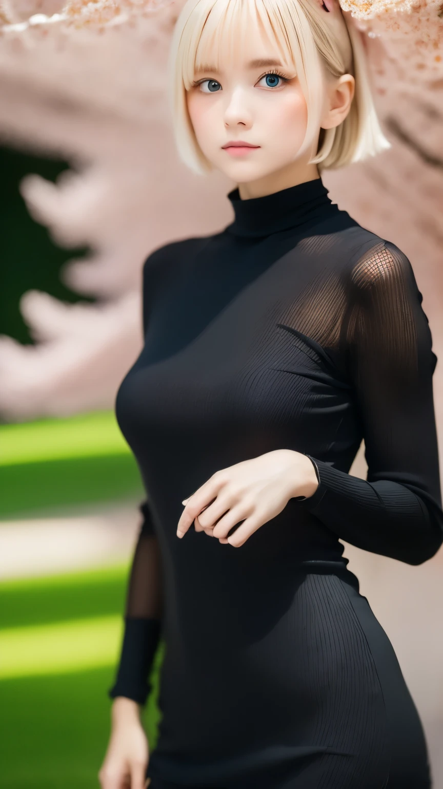 one girl、distinctive hairstyle、blonde hair、(((An ennui look)))、small eyes、plump lips、(((１６talent)))、(knit dress、black tight dress:1.5)、outdoor、midsummer sunshine、summer park、cherry blossoms、Someiyoshino cherry blossoms、highest quality、ultra high resolution、Super detailed、master piece:1.5、８ｋ、Filmgren、perfect anatomy、cinematic lighting、50ｍｍPhotographed with a lens、professional photographer、