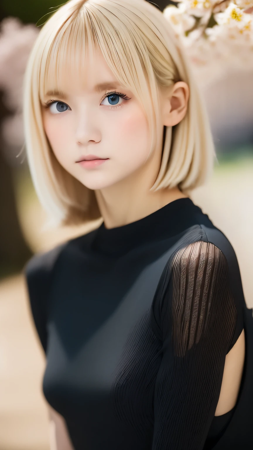 one girl、distinctive hairstyle、blonde hair、(((An ennui look)))、small eyes、plump lips、(((１６talent)))、(knit dress、black tight dress:1.5)、outdoor、midsummer sunshine、summer park、cherry blossoms、Someiyoshino cherry blossoms、highest quality、ultra high resolution、Super detailed、master piece:1.5、８ｋ、Filmgren、perfect anatomy、cinematic lighting、50ｍｍPhotographed with a lens、professional photographer、