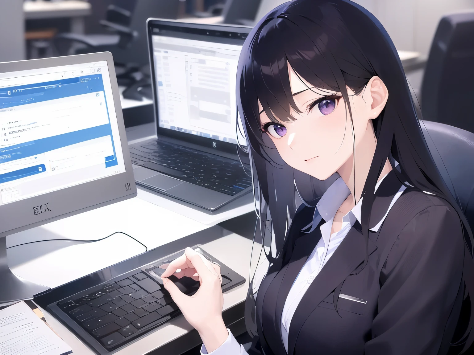 Upper Body, Realistic, real person, (pale skin: 1.2), RAW photo, photorealistic, portrait photography, shiny skin, japanese idol、shiny hair、(25 year old woman with straight medium hair with bangs) and (black hair) and (purple eyes) , Office Lady、business suit、white collared shirt、No expression, The background is an office、Alone、sitting、computer