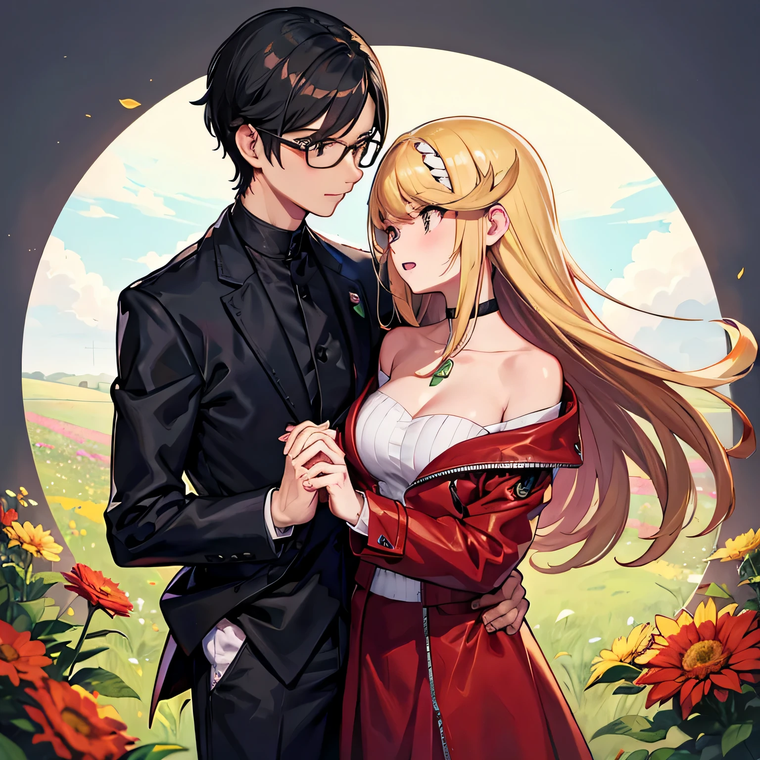 1 boy with black hair, Red jacket and glasses romantically kissing a girl with blonde hair and amber eyes. Campo de flores al fondo., amor verdadero, mejillas sonrojadas, alta calidad 