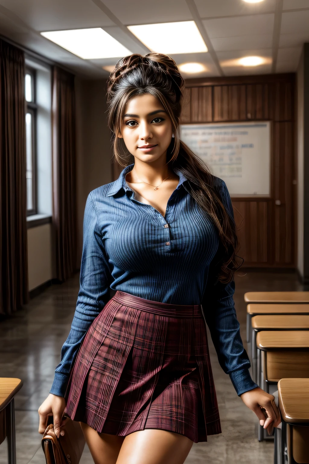 21yo in school school photo in school masterpiece, (photorealistic:1.7), best quality, beautiful lighting, Eleanor Pakistani Woman 20yo Old Big Breasts Plus Size Model random colour beautiful eyes extremely high Bun long extreme curly hair Lifts random split party Skirt.