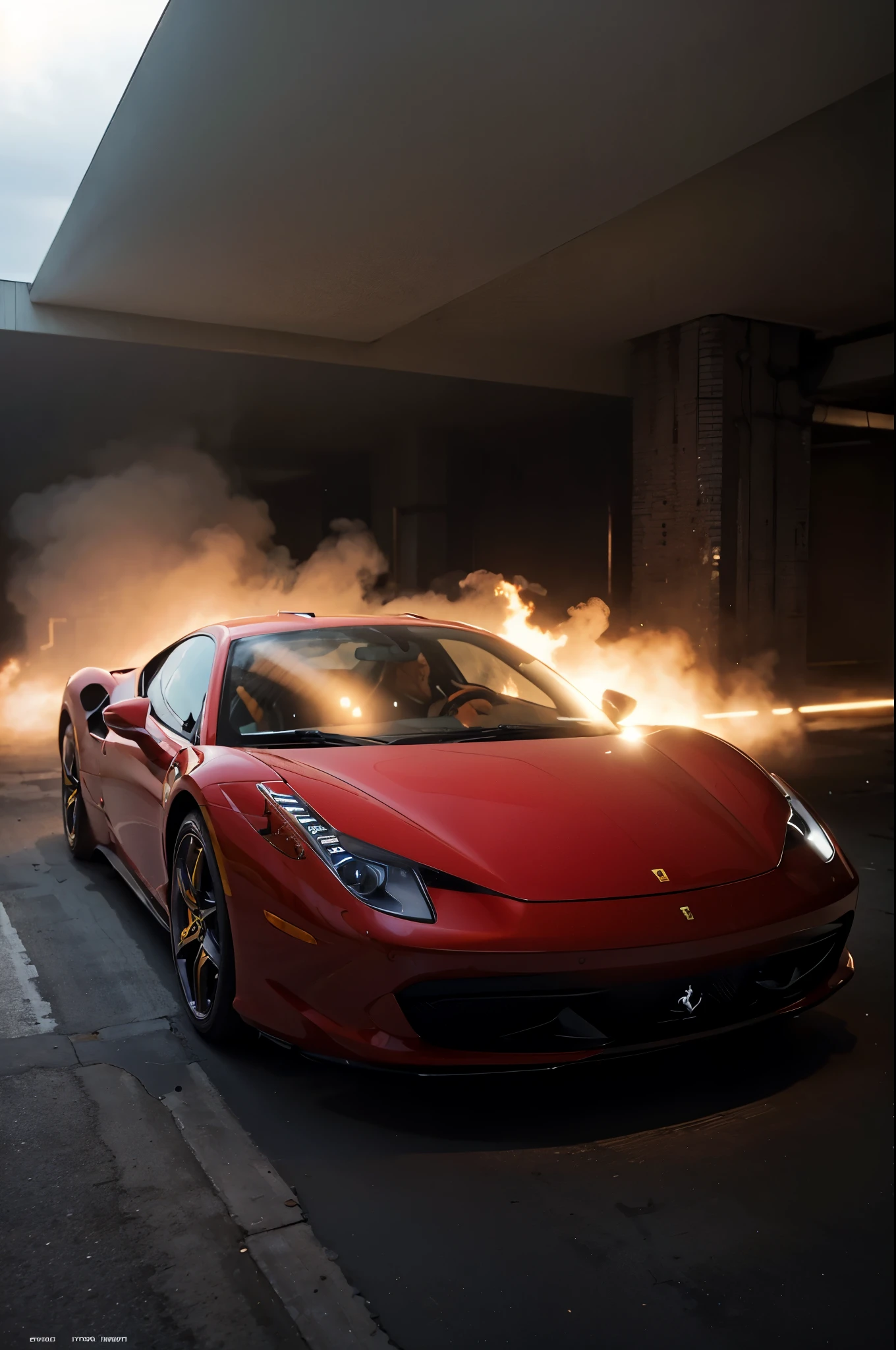 In an abandoned industrial setting, a ferrari 458 italia  its engine, echoing through the empty spaces. As the car accelerates, it undergoes a startling transformation, turning into a menacing, snarling monster with sharp claws and a growling grille. Capture the intensity of this metamorphosis, showcasing the fusion of automotive elegance and primal rage