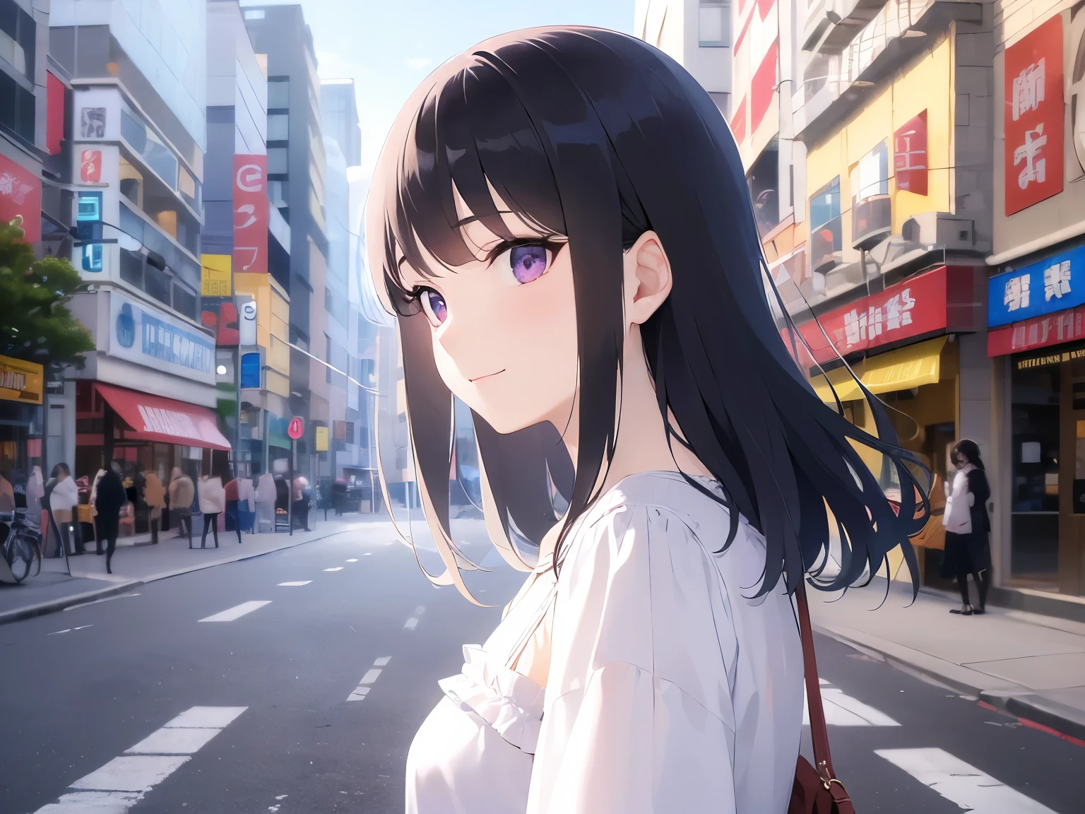 (looking away:1.5)、side angle、Realistic, real person, (pale skin: 1.2), RAW photo, photorealistic, portrait photography, shiny skin, japanese idol、shiny hair、(25 year old woman with straight medium hair with bangs) and (black hair) and (purple eyes) , (white) and (plain) and (ruffle blouse)、smile, The background is Ginza、Alone、walking、