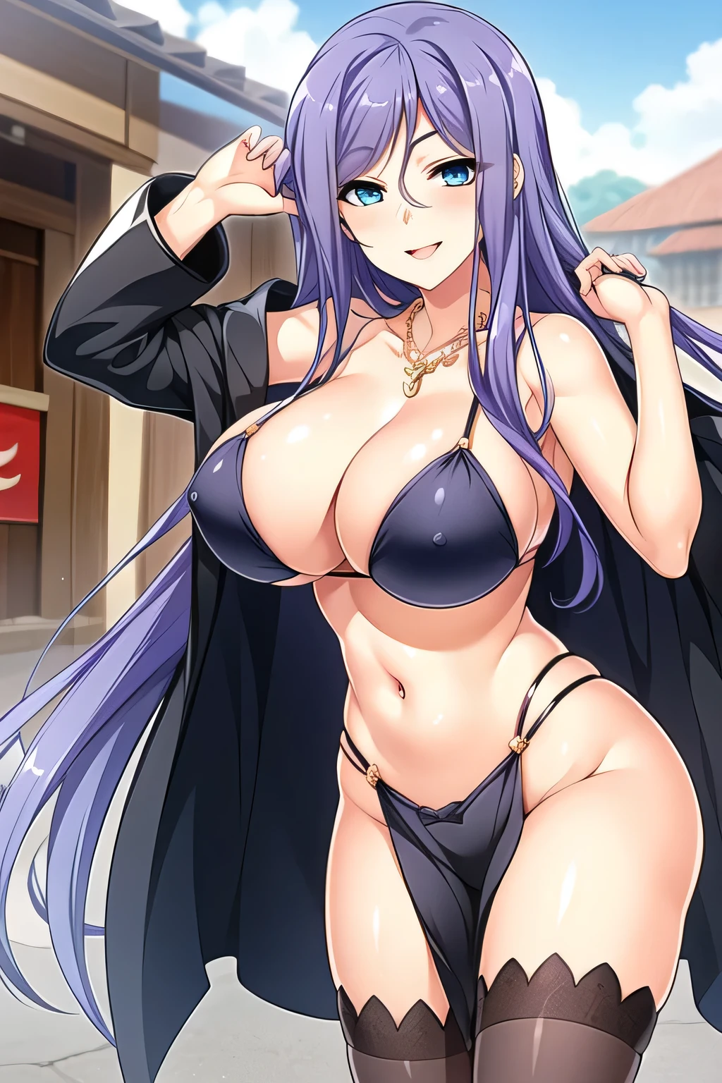 jewelry,gem, necklace,
blue eyes, purple hair,long hair,Bangs,hair ornament,
1 girl, 20yo,Young female,Beautiful Finger,Beautiful long legs,Beautiful body,
Beautiful Nose,Beautiful character design, perfect eyes, perfect face,expressive eyes,perfect balance,
masterpiece, best quality, highly detailed, a girls with a gun, open mouth, blazer, sexy gaze, (nsfw) not
safe for work, badass pose , evil smile, smile, black bra, anime girl with long hair, long haired girl,
navel, evil expression, exposed belly, exposed navel, exposed midriff, exposed lower belly, micro
miniskirt, micro pencil skirt, pencil skirt ,holding a gun, outdoor,street,road,