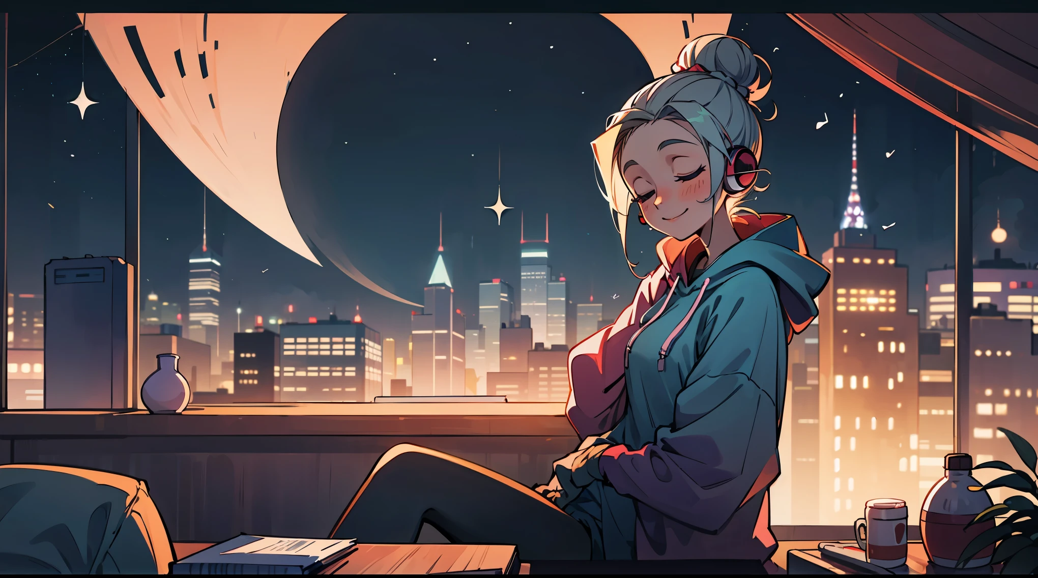 A pretty woman is sitting in a peaceful room, wearing headphones and looking out the window at night. The room is bathed in soft moonlight, and the only sound is the gentle hum of the city outside. A is wearing a comfortable oversized hoodie and leggings, and her hair is pulled back into a messy bun. She is smiling and relaxed, and the music she's listening to seems to be bringing her peace.