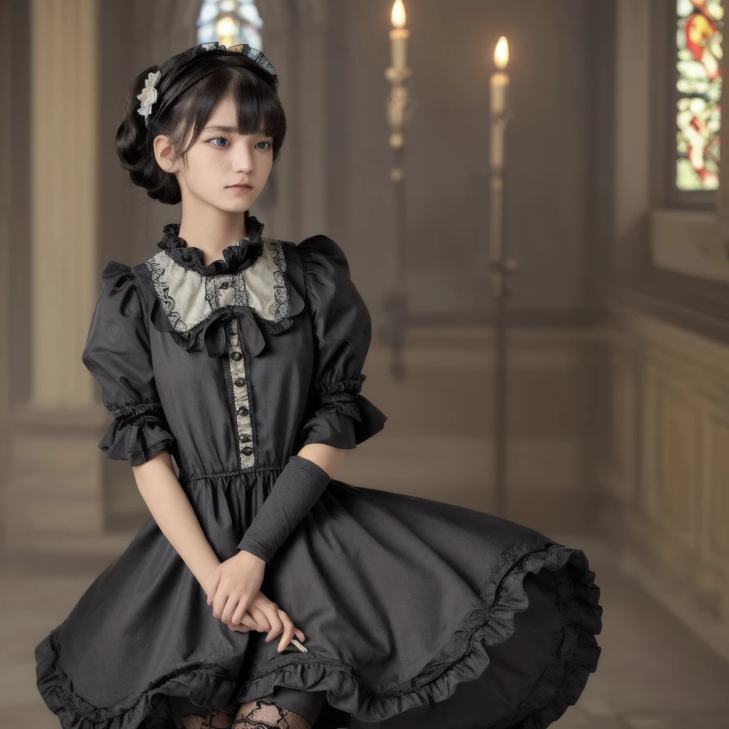 kawaii petit  childish innocent ankle-biter 1girl 8yo, star-shaped pupils small_star symbol in the pupils and iris, ((skindantation)) ((flat chest)) +++, extremely detailed character, (an extremely delicate and beautiful), solo focus, straight-on, dramatic angle, depthoffield, (expressionless languorous cute, beautiful detailed eyes lower eyelashes eyelashes, intricate:1.3 ((Gothic Lolita)) ((Frilled)) dress,skirt, Headdress, bowknot, (((hair ornament))), hair flower, eyeliner skindantation black fishnet_pantyhose, garter straps, Lace, cross-laced footwear, frilled blouse ribbon-trimmed sleeves), bloomers [background(building architecture, stained glass ((gothic architecture)) church, (castle), [fantasy])] stained glass candlestick chain iron prison, St. Peter's Basilica, vachican, portrait , +++ 
blue eyes, 
deep amber hair, 
short hair , 
twin ponytails, 
streaked hair , 
blunt bangs, 
sideburns , 
kind smile, 
nose blush , 
head_tilt standing  
+++, +++ extremely quality extremely detailed deep-silky-healthy-lackwarm-foundational-soft-skin high resolution, contrapposto glow shine like opal magnificent photo realistic ray trace depth of field hiqcgbody ++ Faint lips,UC:realistic, cinematic lighting cinematic angle Girl at the front dynamic pose