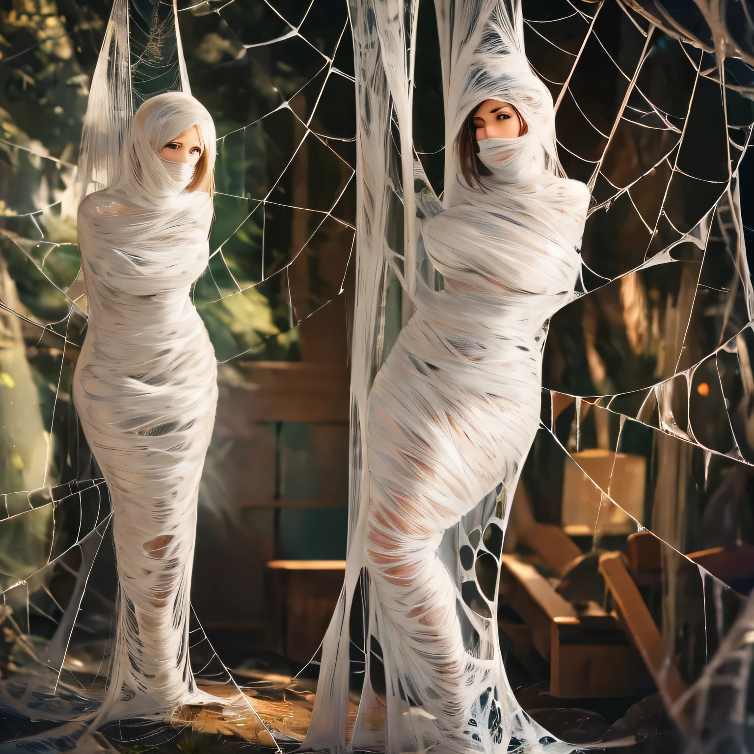 best quality,ultra-detailed,classroom,photorealistic,hanging,spiders in the web,long spider legs,beautiful girl,desperate struggle,entangled,despair,cocoon