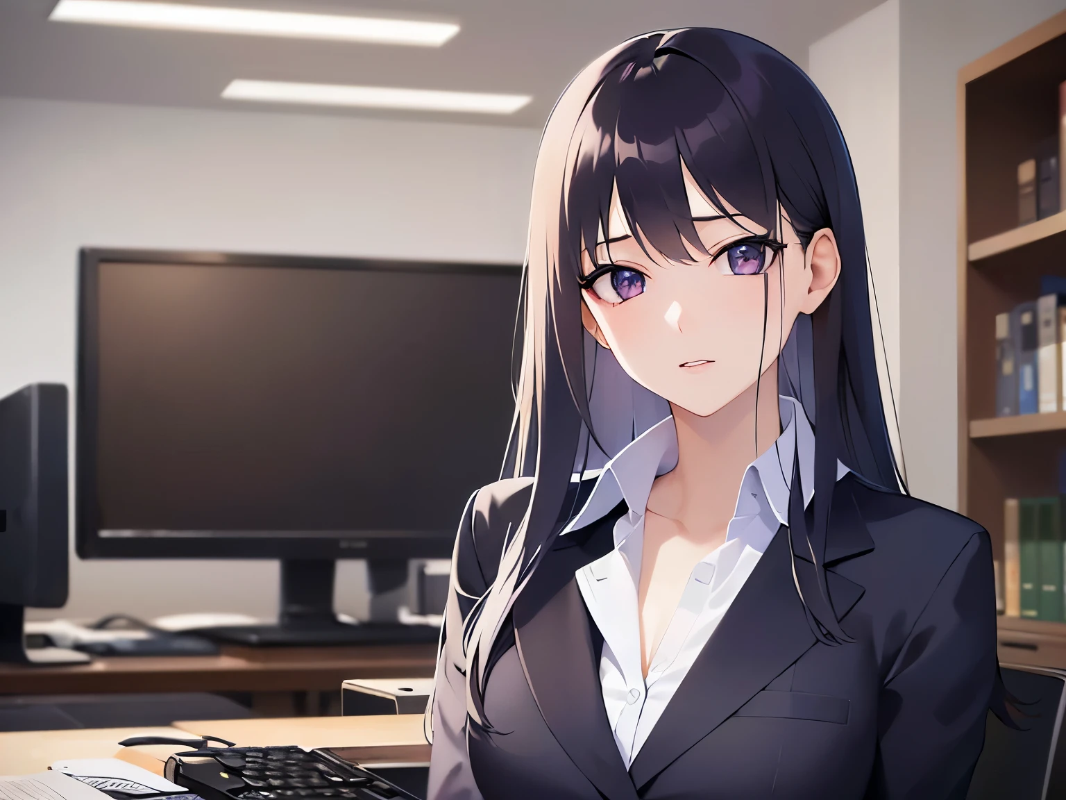 Upper Body, Realistic, real person, (pale skin: 1.2), RAW photo, photorealistic, portrait photography, shiny skin, japanese idol、shiny hair、(25 year old woman with straight medium hair with bangs) and (black hair) and (purple eyes) , Office Lady、(business suit:1.2) and (white collared shirt)、No expression, The background is an office、Alone、sitting、computer