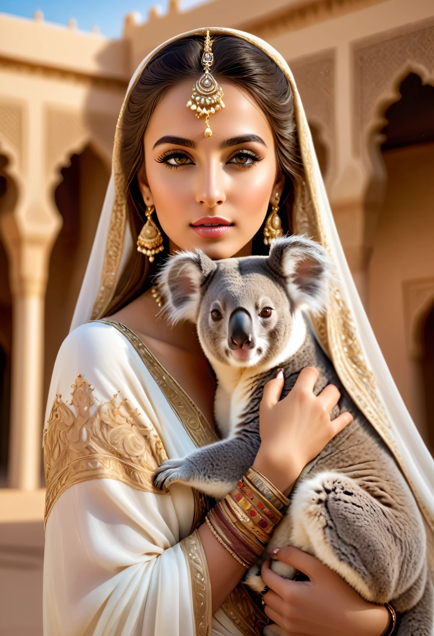 beautiful detailed eyes, beautiful detailed lips, traditional dress, Arab jewelry, Arab makeup, long eyelashes, arabian style, elegant pose, luxurious background, palace, desert, beautiful koala pet, soft fur, inquisitive eyes, snuggled against the princess, 4K resolution, ultra-realistic details, vibrant colors, impeccable craftsmanship, regal ambiance.
