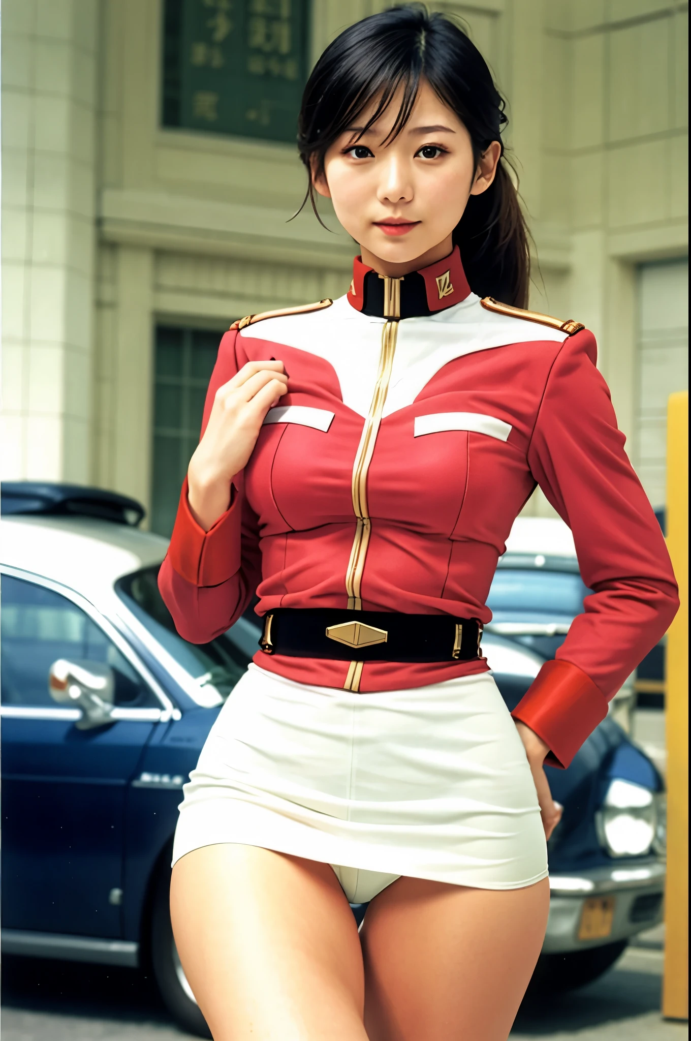 real photos、Highest imYear quality、Beautiful woman、beautiful thighs、beautiful face、real imYear、federal army uniform miniskirt、ponytail、Yuriko Yoshitaka、Year日本人女性、Mrs. Bowe、pretty girl、white pantiesが丸見え、1６Year、（white panties:1.3）、super mini skirt、beautiful thighs、white panties、赤いミニスカートがめくれてwhite pantiesが見えてる