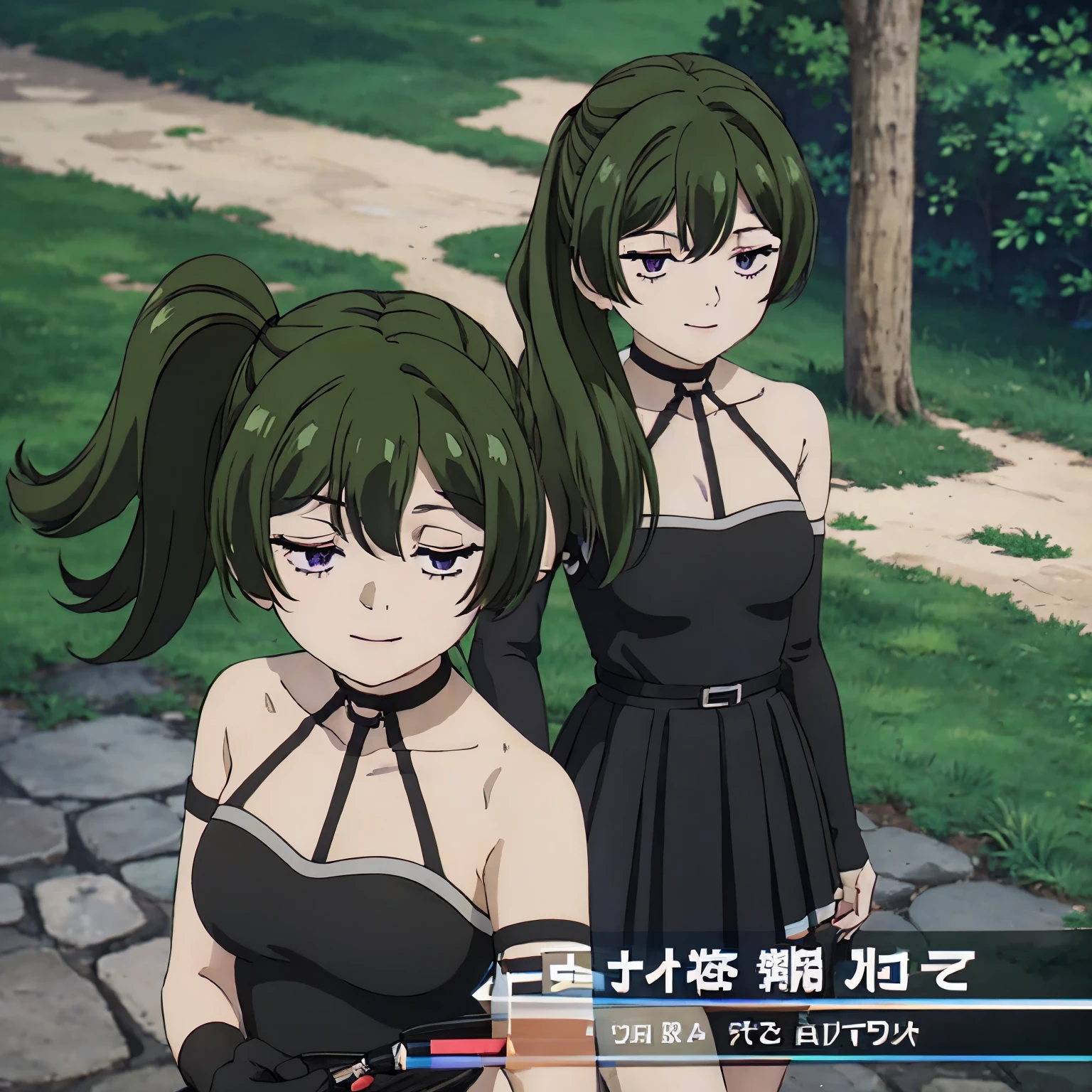 core_9, score_8_up, score_7_up, score_6_up, score_5_up, score_4_up, source_anime, screenshot, Uber, 1 girl, green hair, bangs, hair between the eyes, side ponytail, purple eyes , black choker, collarbone, sleeveless , black dress, sleeveless dress, halter neck, pleated skirt, (black gloves, smiling, half-closed eyes, looking at camera, walking, old medieval townscape