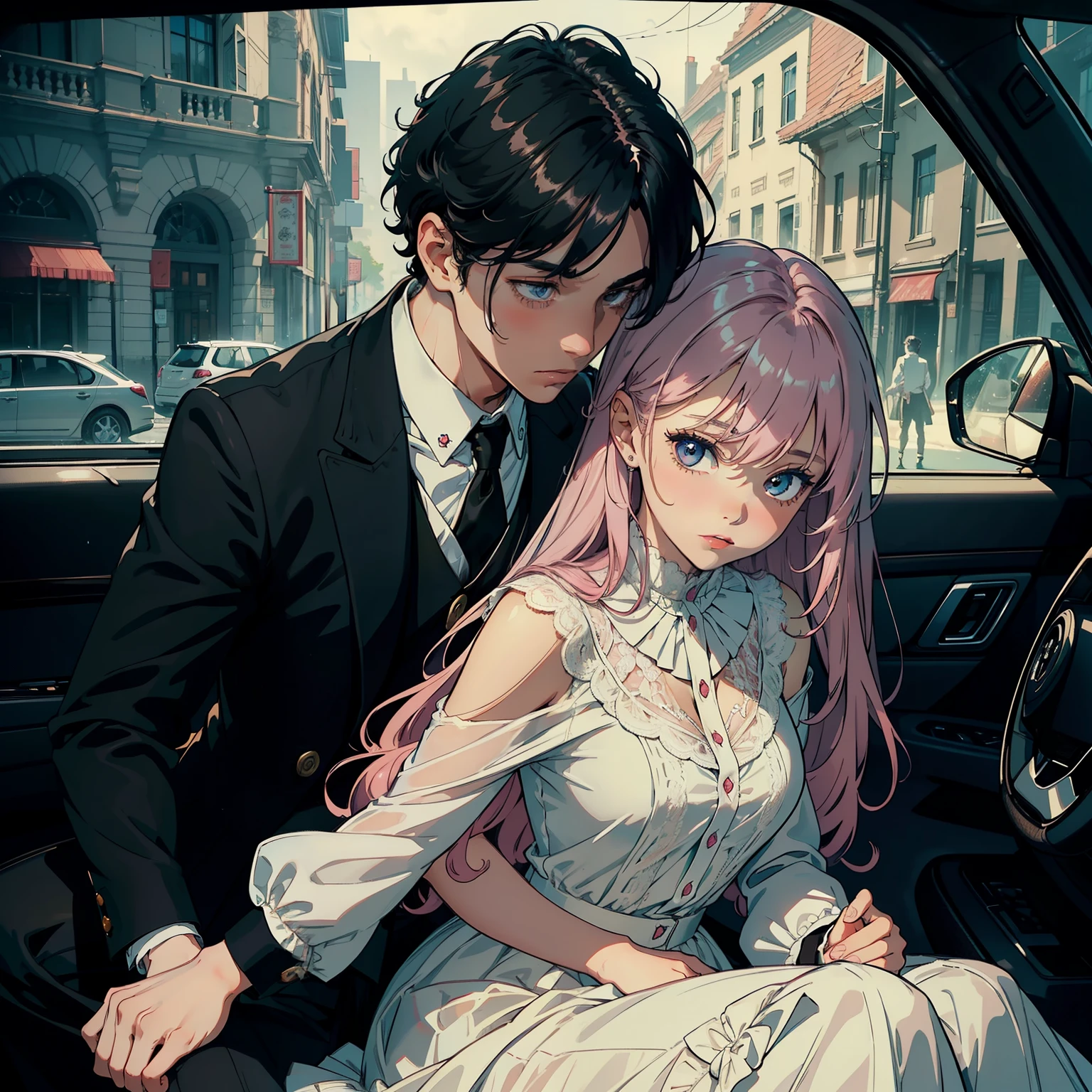 Masterpiece, best quality, super detailed, illustration, beautiful detailed eyes, close up, with a boy and a girl. It is pink hair, white pleated shirt, breast art, skirt. The boy is black hair, black suit, black pants. Boys and girls kissing in car, heavy rain weather