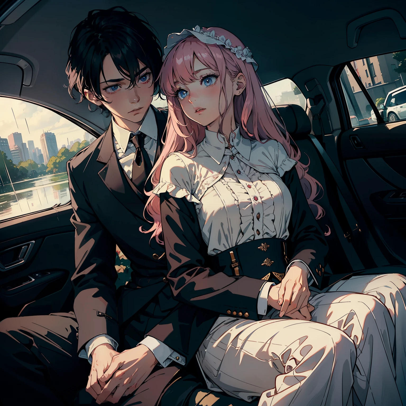 (Masterpiece), Superior Quality, Exquisitely Detailed, Illustration, Beautifully Detailed Eyes, Up Close, With a Boy and a Girl:
The image presents a captivating scene of a boy and a girl locked in an intimate moment. The girl, with her long pink hair cascading down her shoulders, wears a white blouse with a plissé texture and a broken button on the chest. Her full skirt, reminiscent of an era long past, accentuates her femininity. The boy, with his black hair, is dressed in a black suit and pants, adding a touch of sophistication to the scene.
The rain beats against the car window,