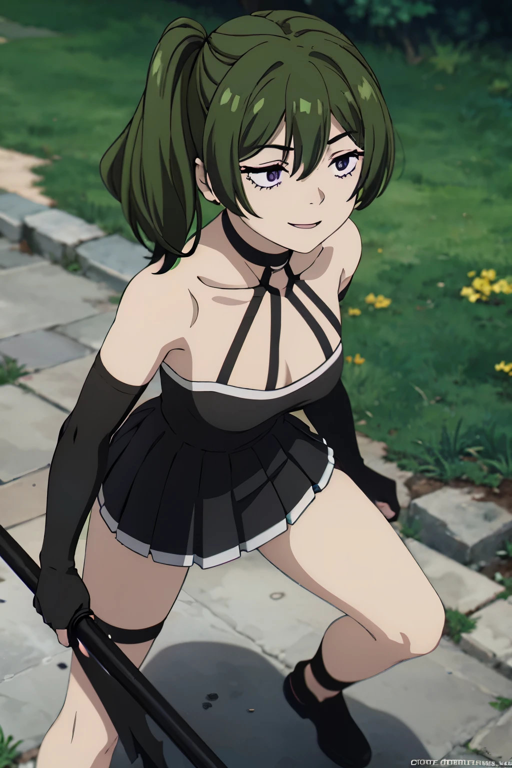 core_9, score_8_up, score_7_up, score_6_up, score_5_up, score_4_up, source_anime, screenshot, Uber, 1 girl, green hair, bangs, hair between the eyes, side ponytail, purple eyes , black choker, collarbone, sleeveless , black dress, sleeveless dress, halter neck, pleated skirt, black gloves, smile, half-closed eyes, full body, angry face, scene fighting a monster, holding a magic wand