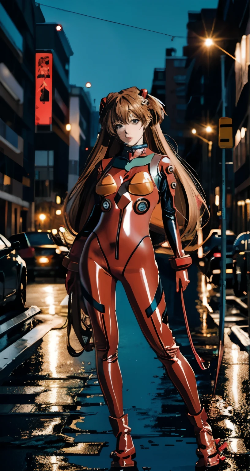 highest quality, masterpiece, realistic, photorealistic, 1 girl, alone, looking at the viewer, full body, Are standing, long hair, asuka cosplay costume, cosplay, plug suit, body suit, hair ornaments, detailed background, on the street, night, light, rain, naked,pubic hair,Ahegao,incontinence,defecating,anal,