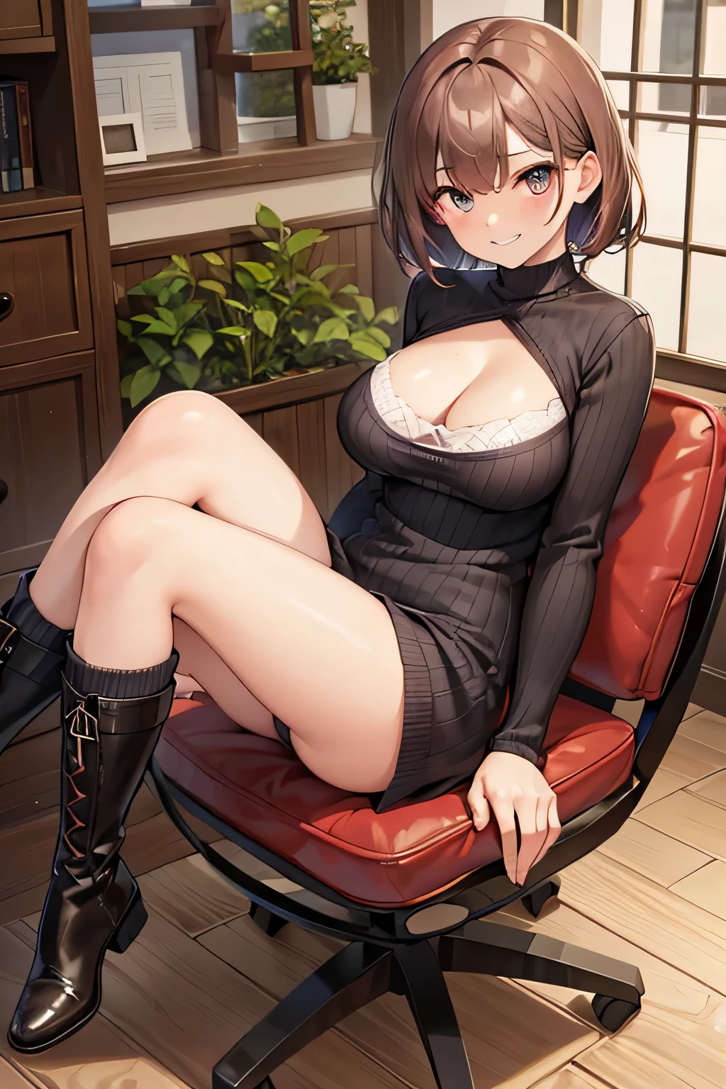 (1) There is one woman with beautiful legs, She sits cross-legged、Show off your beautiful legs and panties, 
(2) She sits cross-legged, I would like you to draw a picture of the whole body with legs visible.., 
(3) Woman is wearing a long-sleeved gray knit minidress。、Ribbed knit dress that shows off your body line beautifully.、There is a gap in the chest where cleavage can be seen..、The length of the knit dress is super miniskirt length..、My feet are wearing western boots, 
(4) The visible pants are pink and have flashy patterns.., 
(5) woman has short brown hair, shining eyes, A provocative grin,
(6) The place is a cafe restaurant.., 
(7) highest quality, High resolution, realistic pictures, realistic skin,