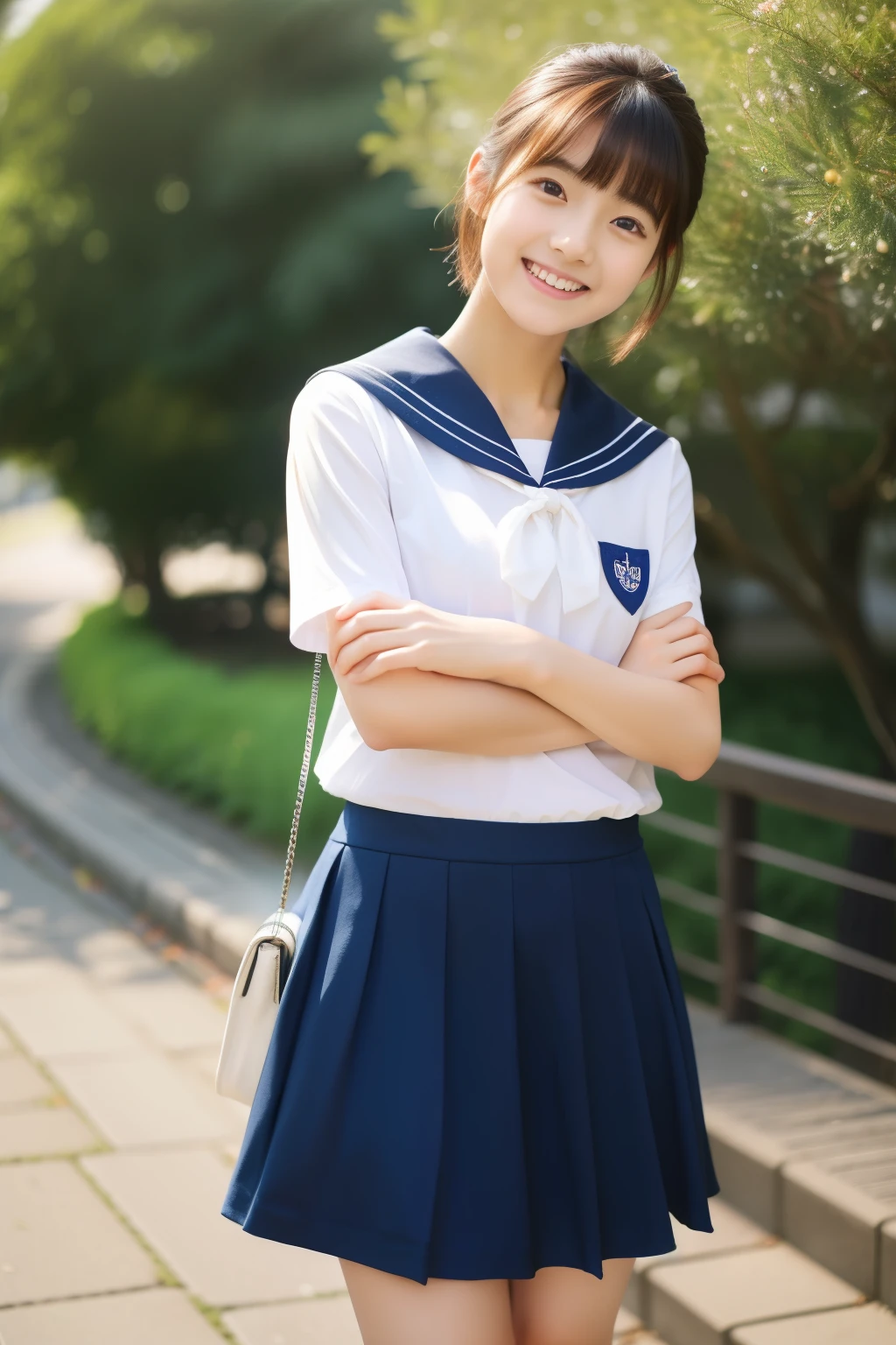 (masterpiece,highest quality,超A high resolution),japanese woman, very beautiful 17 year old girl, Pure Girl、(perfect limbs、perfect anatomy),((bob hair)).cute sailor suit、short sleeve sailor suit、navy blue skirt、pure white、beautiful skin、Moist eyes、brown shiny hair、Colors and landscapes of youth、Feeling of love、rich bust、laugh shyly、go to school、morning,