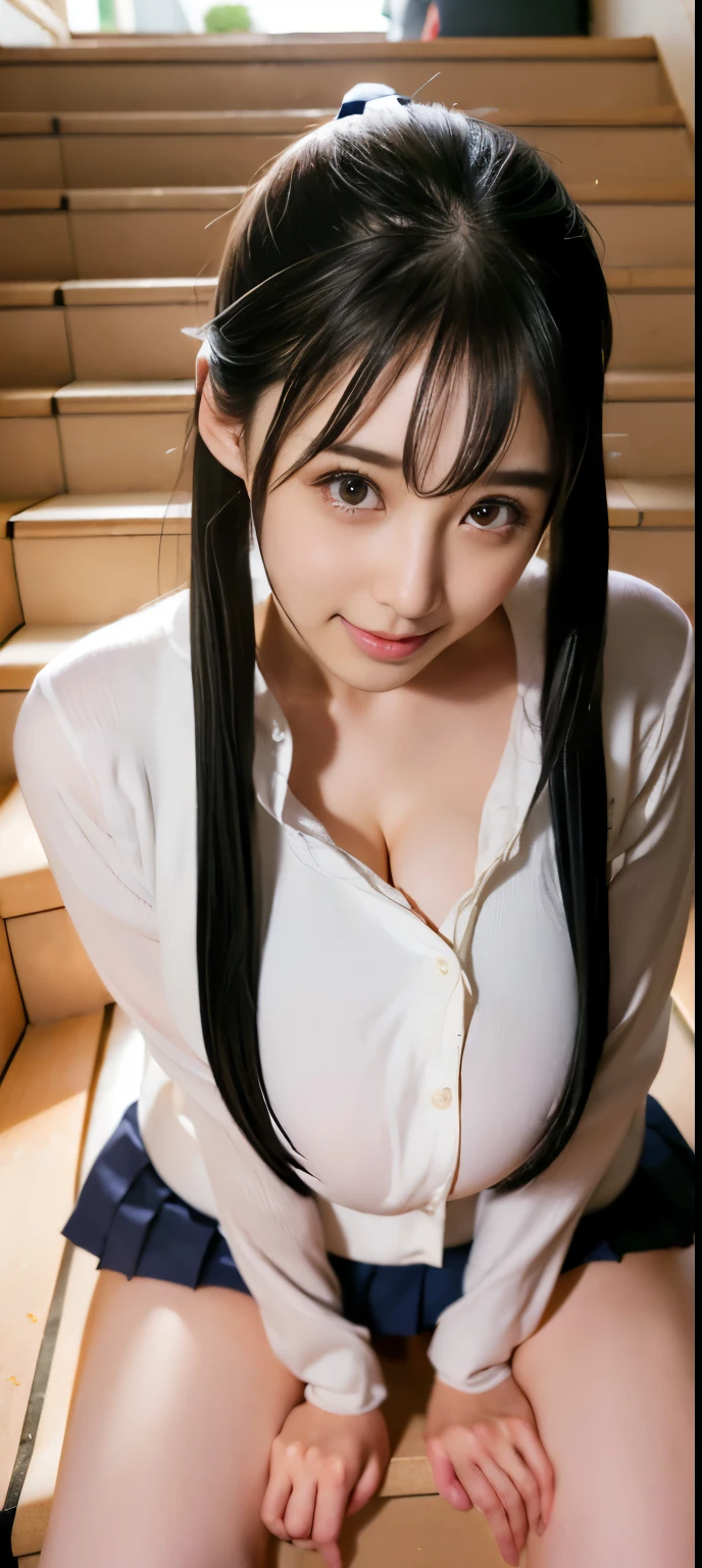 Japan&#39;s cutest high school girl))、((16 year old Mizu々Shishi Body))((beautiful white skin))((Too big rocket-shaped boobs))、((Long black hair ponytail))、((She has the face of a serious young lady like the chairman type.))((high school girl uniform))、((too short skirt))、((hair tie on arm))、((Roll up your sleeves))、((Looking down at me from the top of the stairs))、((A glimpse of white underwear is visible))、facing the front