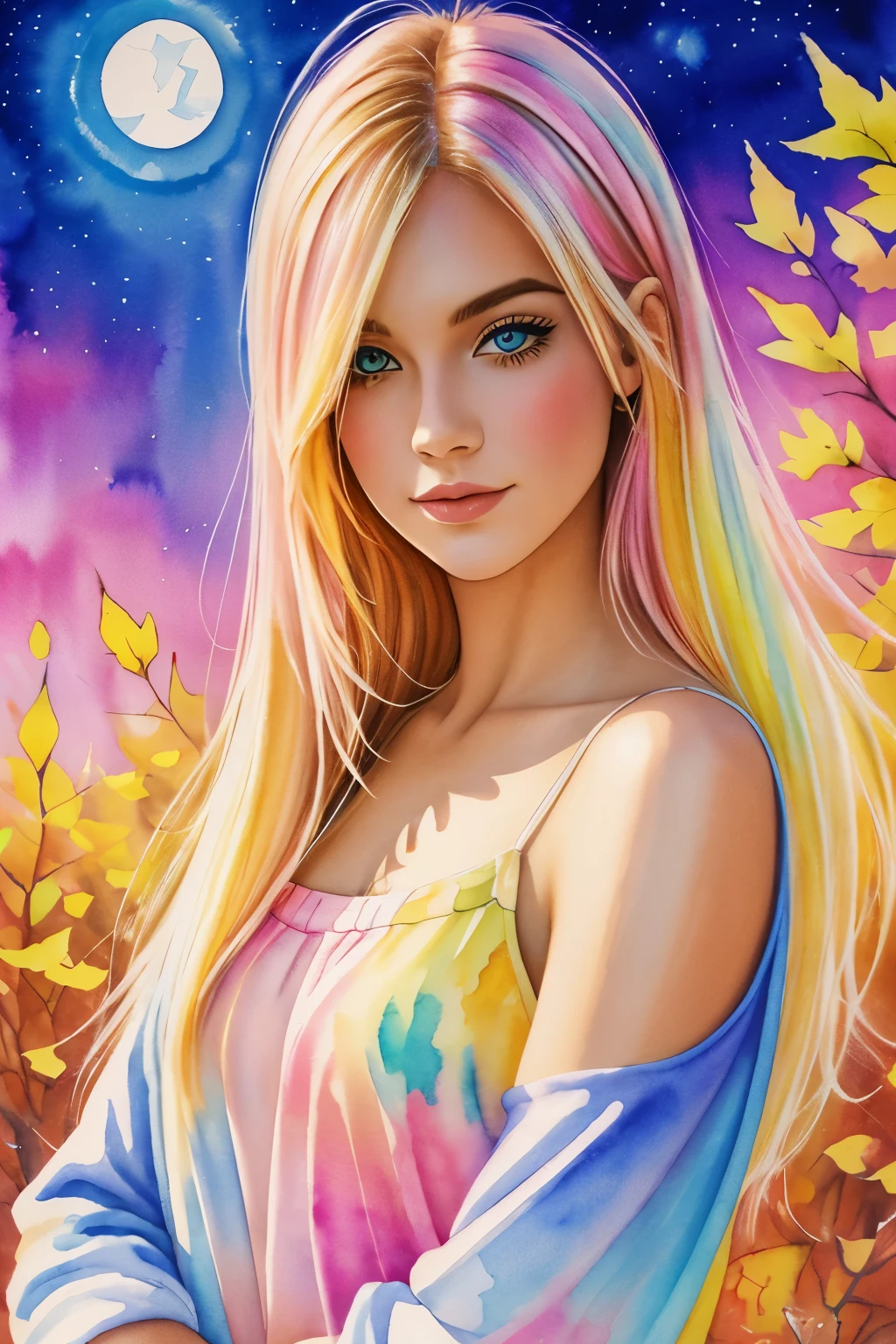 (8k, Best quality, artwork:1.2),(Best quality:1.0), (ultra high resolution:1.0), watercolor, a beautiful woman, shoulder, hair blonde, design extremely bright bright, Pastel colors, (Ink:1.3), autumn lights,