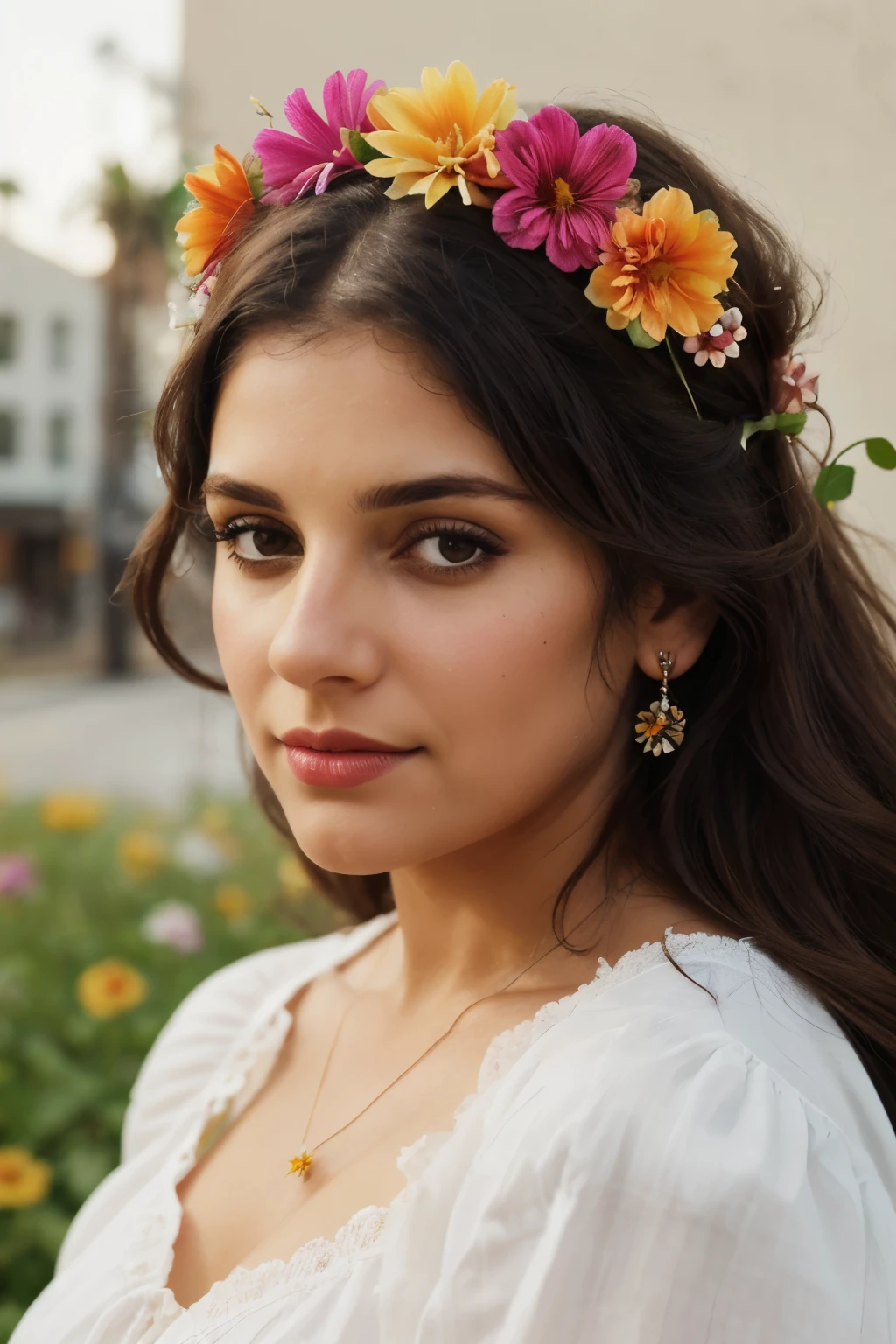 a woman with a flower in her hair wearing a flower in her hair and a flower in her hair, Araceli Gilbert, computer art, detailed portrait, a colorized photo