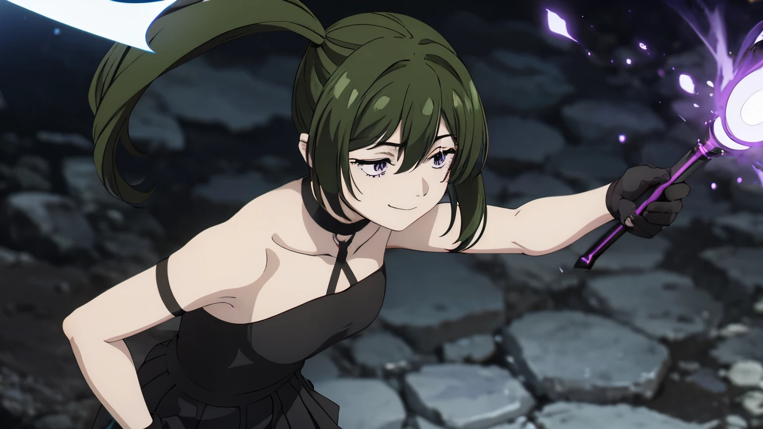 core_9, score_8_up, score_7_up, score_6_up, score_5_up, score_4_up, source_anime, screenshot, Uber, 1 girl, green hair, bangs, hair between the eyes, side ponytail, purple eyes , black choker, collarbone, sleeveless , black dress, sleeveless dress, halter neck, pleated skirt, black gloves, smile, half-closed eyes, full body, angry face, scene fighting a monster, holding a magic wand