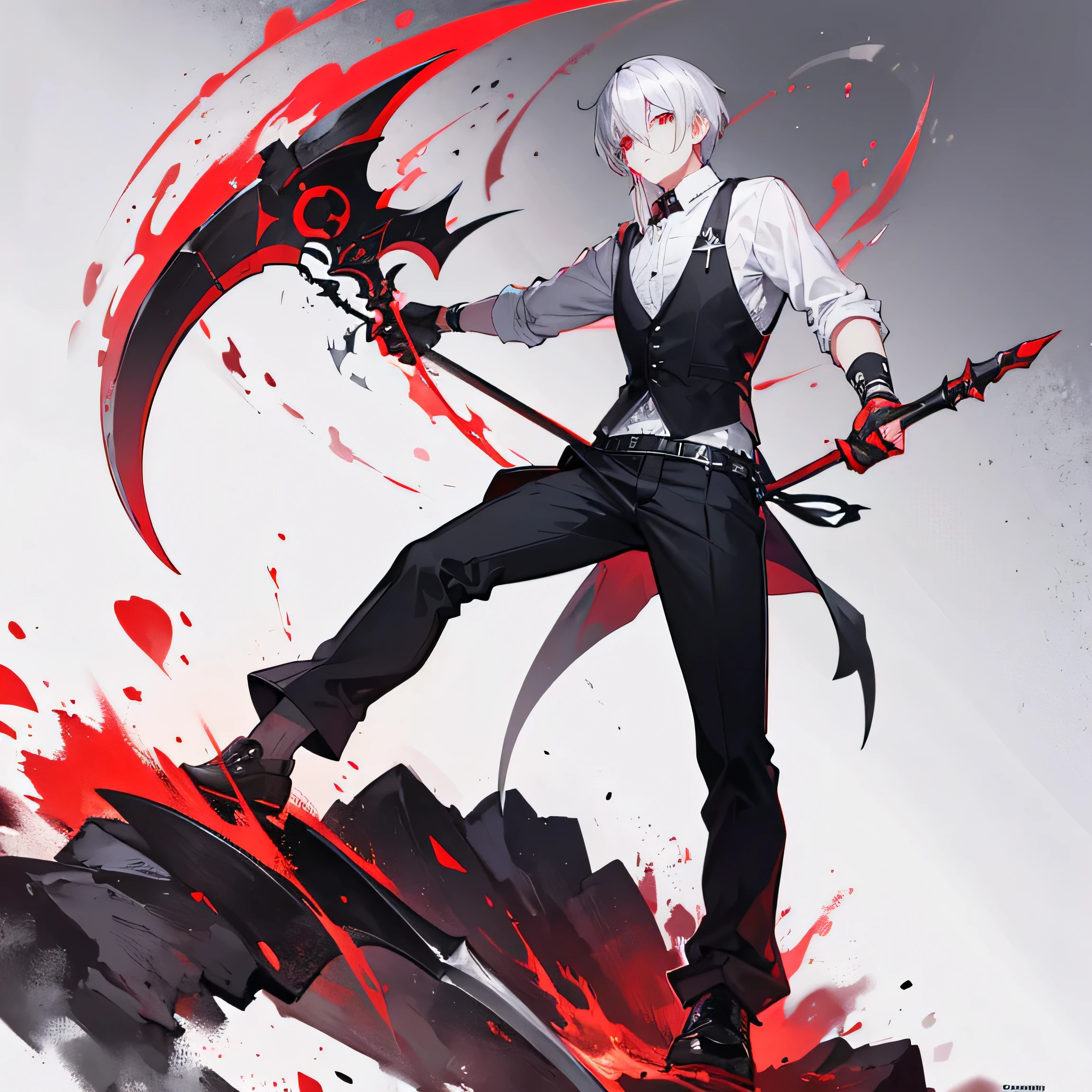 A man holding a good sized scythe., pupila rojo, ropa estilo asesino color blanco, hombreras y rodilleras color platino, -auto