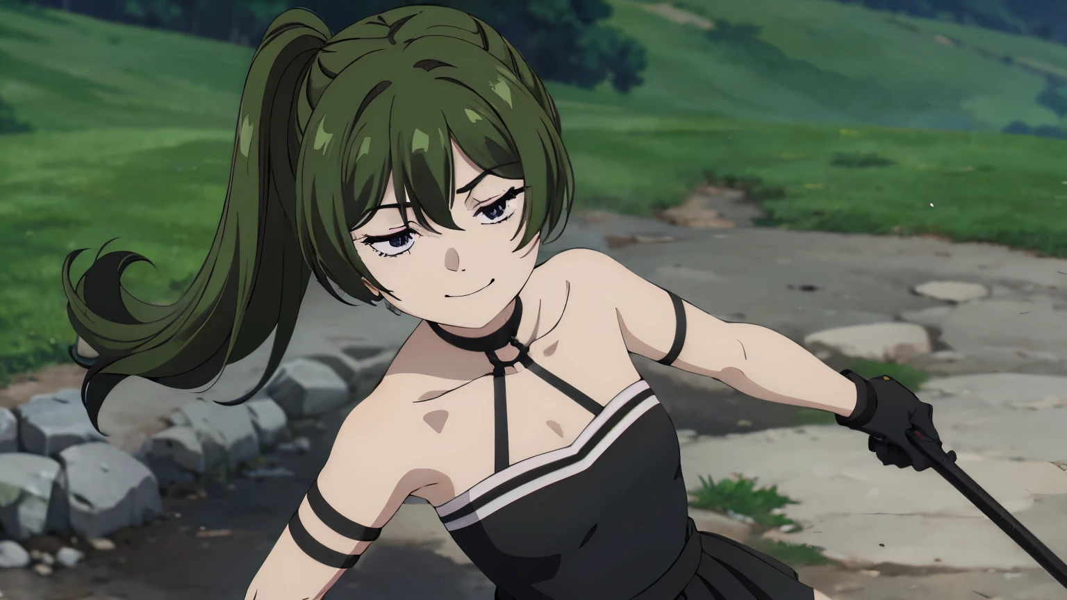 core_9, score_8_up, score_7_up, score_6_up, score_5_up, score_4_up, source_anime, screenshot, Uber, 1 girl, green hair, bangs, hair between the eyes, side ponytail, purple eyes , black choker, collarbone, sleeveless , black dress, sleeveless dress, halter neck, pleated skirt, black gloves, smile, half-closed eyes, whole body, angry face, fighting scene, holding a magic wand, drawn picture