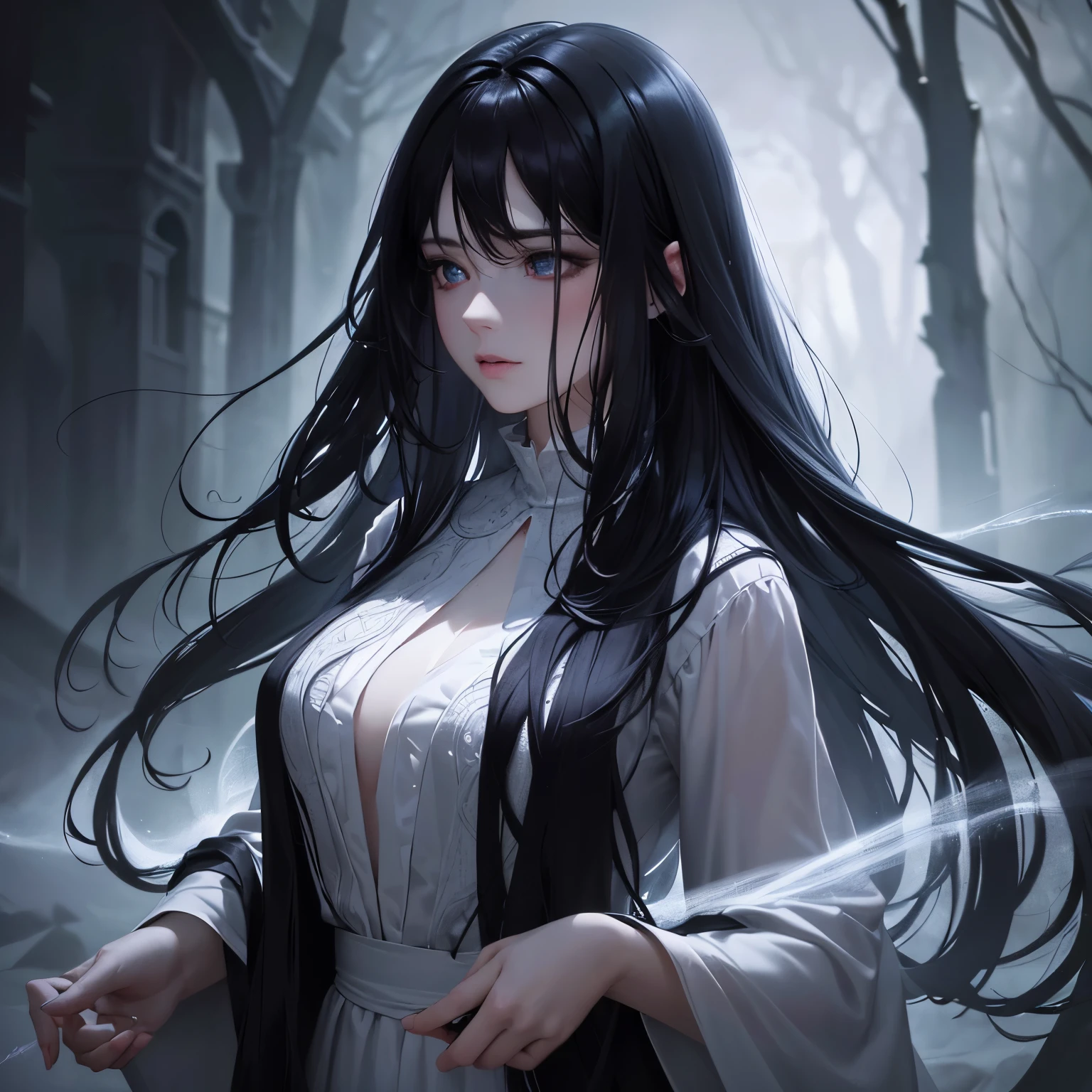 ultra detali,(best qualityer),((work of art)),(high resolution),original, A beautiful woman with long black hair, Bblack hair lisos, Bblack hair, blindfolded ,black veil, She wears long, flowing garments made from a dark fabric that absorbs light and blends into the shadows around her., Your presence exudes an ethereal and cold aura, representing the transition between life and death, high qualiy, standing, flying