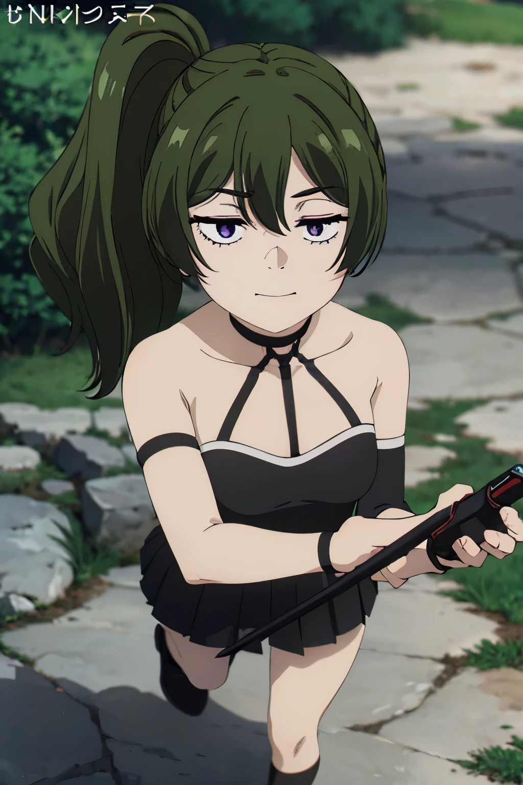 core_9, score_8_up, score_7_up, score_6_up, score_5_up, score_4_up, source_anime, screenshot, Uber, 1 girl, green hair, bangs, hair between the eyes, side ponytail, purple eyes , black choker, collarbone, sleeveless , black dress, sleeveless dress, halter neck, pleated skirt, black gloves, smile, half-closed eyes, full body, angry face, scene fighting a monster, holding a magic wand