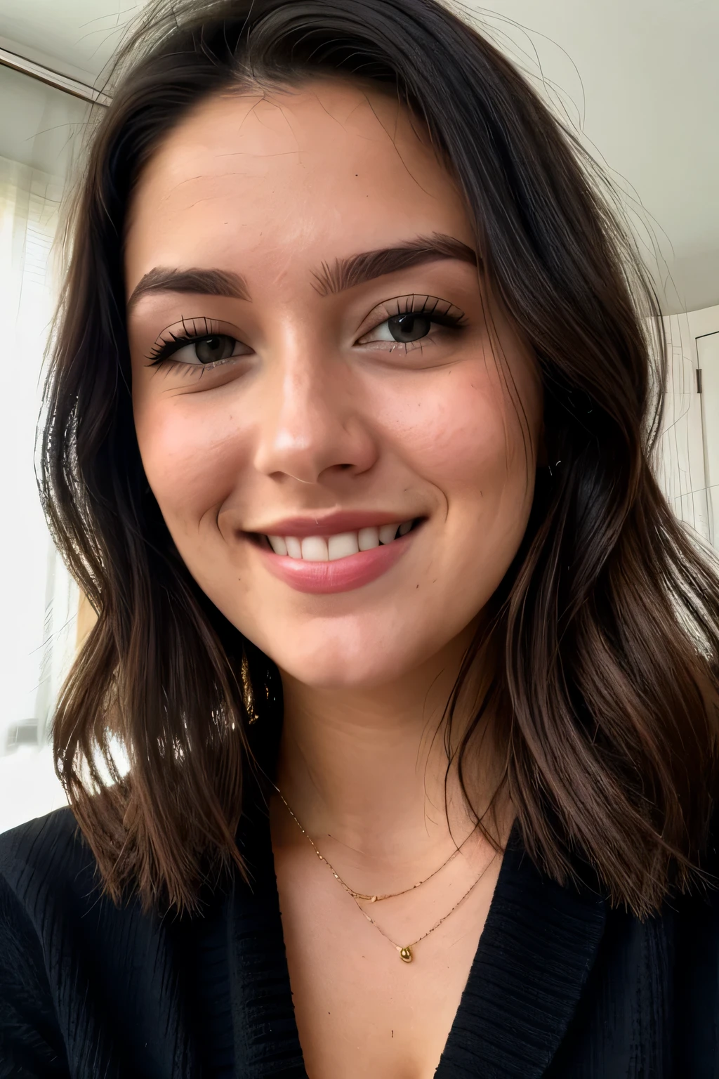 instagram photo, closeup face photo of 23 y.o Chloe in black sweater, cleavage, pale skin, (smile:0.4), hard shadows
