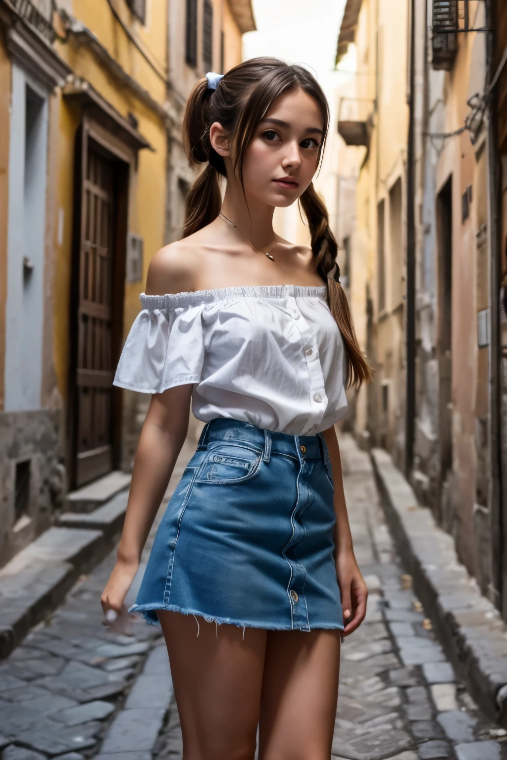 cute italian girl、brown hair、pigtails、slender body、white off shoulder shirt、blue denim mini skirt、in the alleys of italy、look at me