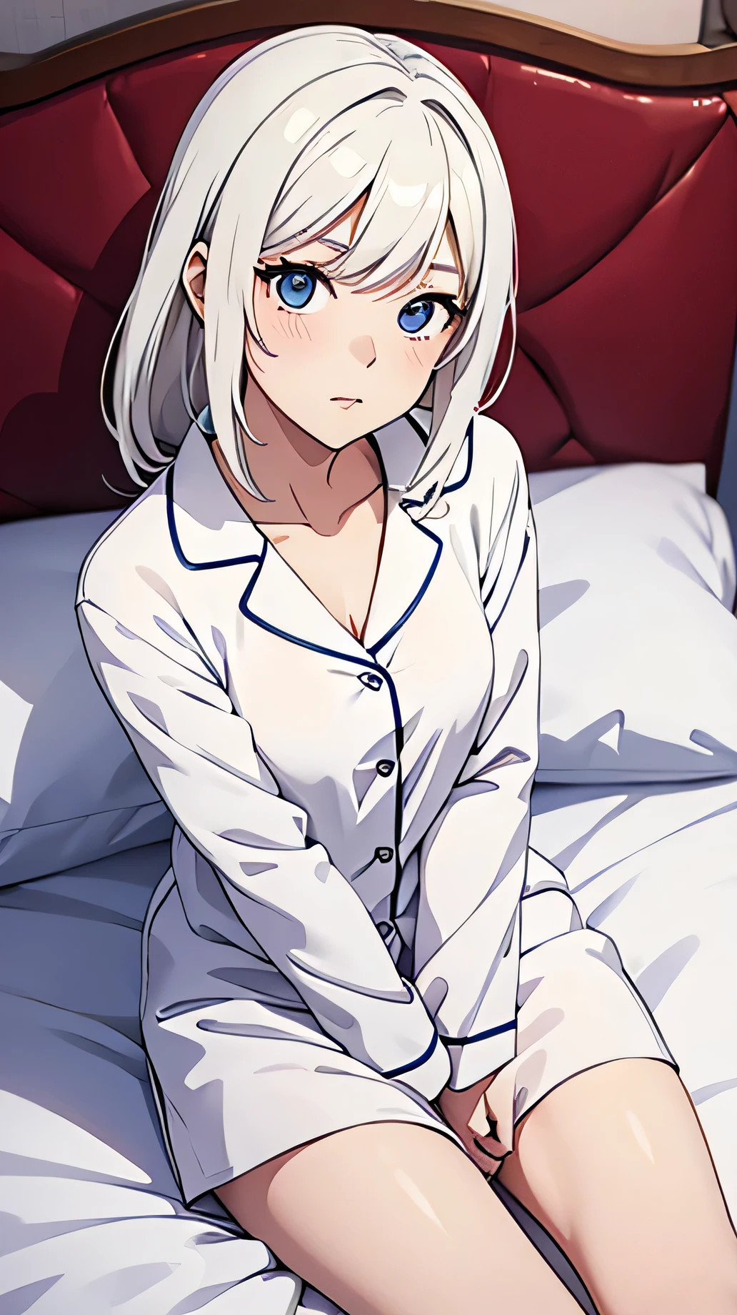 one anime girl , white, hair, in sexy pyjamas on bed , pillow