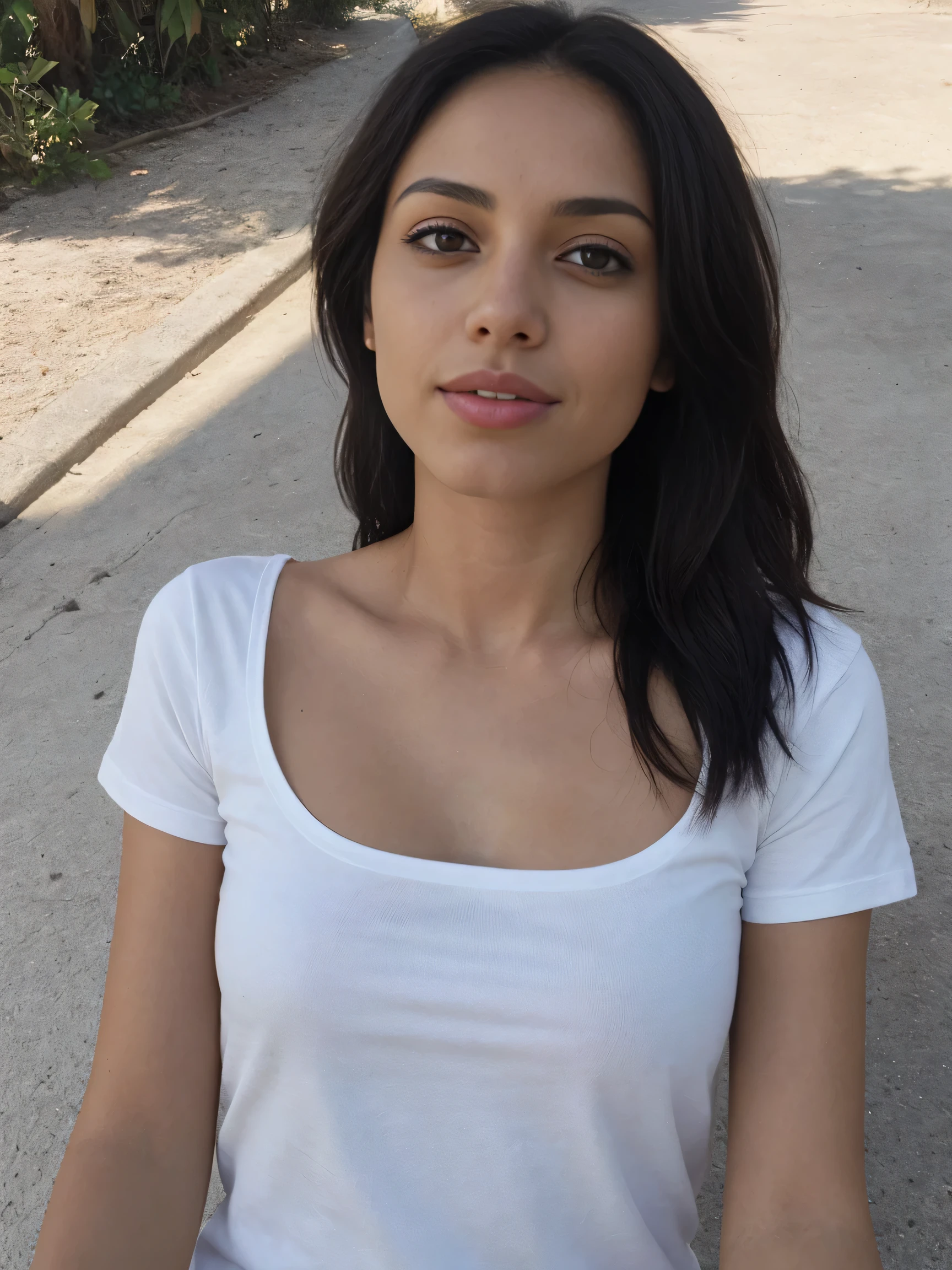 Morena de 29 anos, t-shirt without bra outside selfie, um olho fechado, tongue out
