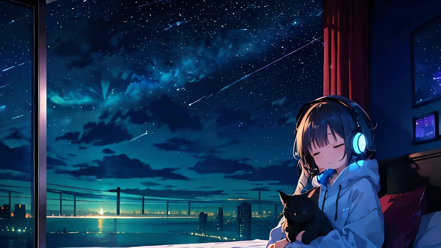 she is wearing headphones, sleeping face up on the bed, Relaxing with closed eyes, Holding a cute cat, You can see the beautiful night sky from the window., colorful colors, moon and shooting stars, 25 years old, overlooking,