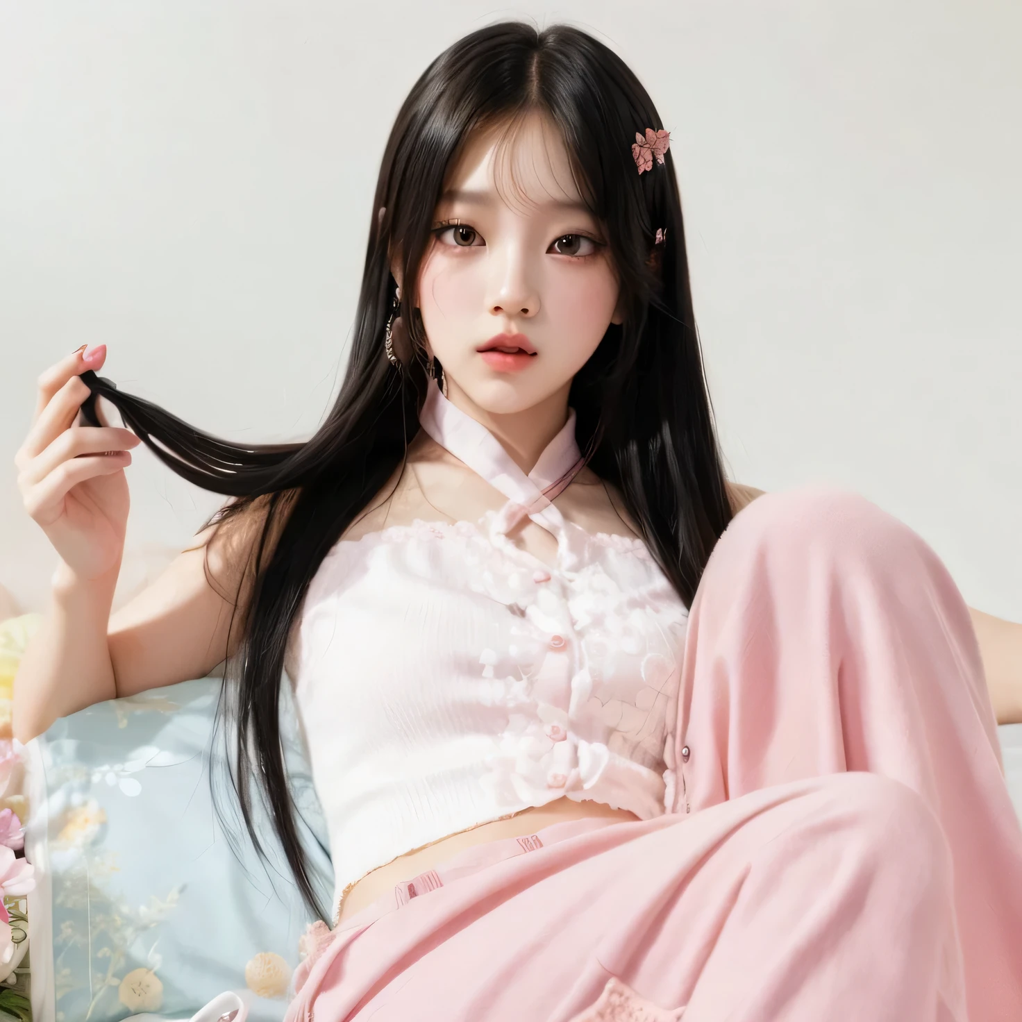 Hay una mujer sentada en una cama con un vestido rosa, cabello naranja, jinyoung shin, jossi de blackpink, jennie rosa negro, retrato de jossi de blackpink, Parque Roseanne de Blackpink, jisoo de blackpink, sha xi, ulzzang, peinado de corte hime blanco, Jaeyeon Nam, jisoo de blackpink, retrato de jisoo blackpink, Gongbi, heonhwa choe