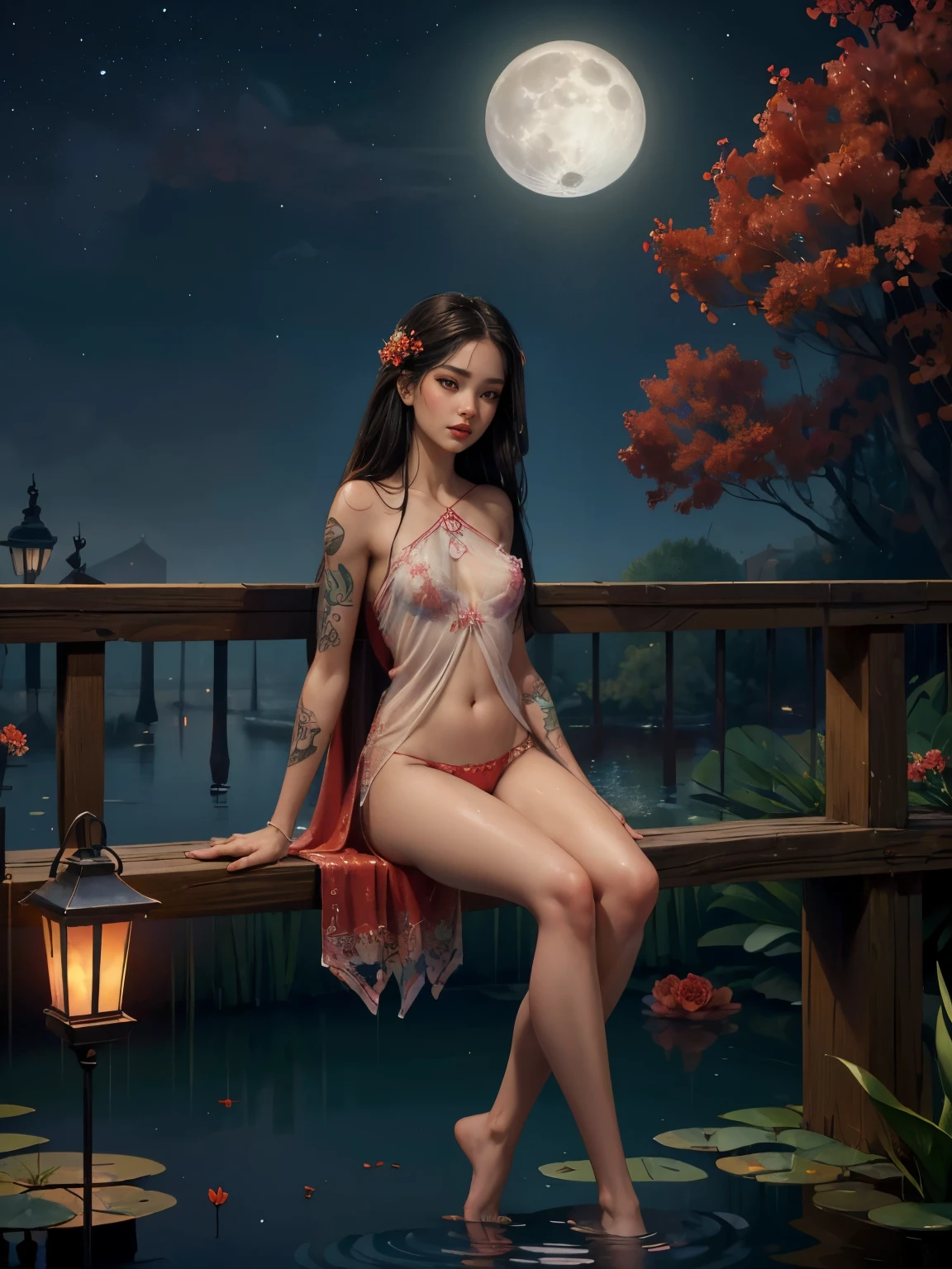 anky moore, bottom view, sexy white and red clothing (cameltoe), graffiti background, (masterpiece), (best quality: 1.2), absurd, intricate details, flowers, leaves, roots, ((beautiful girl sitting on railing in front a jardin)), ((beautiful Latina girl with exaggeratedly long hair)), ((brown and black hair)), ((large, well-detailed eyes)), bright brown eyes)), ((tanned skin)), ( (wet skin)), ((girl sitting on railing looking at full moon)), ((semi-naked girl in transparent tunic showing naked body)), ((full body)), girl seen from the front, night light, (( lantern and lamp)), ((garden illuminated with lantern)), ((small breasts visible)), ((female model from the front)), ((transparent clothing melted in water)), ((impressionist garden art)) , ((dynamic pose in sexy movement)), ((skin wet with water)), ((watercolor art)), (perfect pencil drawing), (((tattoo on ankles and feet))), ((( sheer red panties))), (sheer red blanket), ((surreal art)), ((overexposure art)), ((wlop style art)), vibrant colors, swirling patterns, abstract shapes, surreal, trippy, art of naked girls, (masterpiece, top quality, official art, beautiful and aesthetic: 1.2), (1 flower), Extremely detailed, (Fractal Art: 1.3), colorful, more detailed, Sakimichan style art, slight smile, open legs , ((pubic hair view)), 1 sexy girl in transparent forest clothes, exposed breasts, transparent open t-shirt, tattoos of mandalas and flowers on naked body, ((night sky full moon)), ((feet inside pond)),