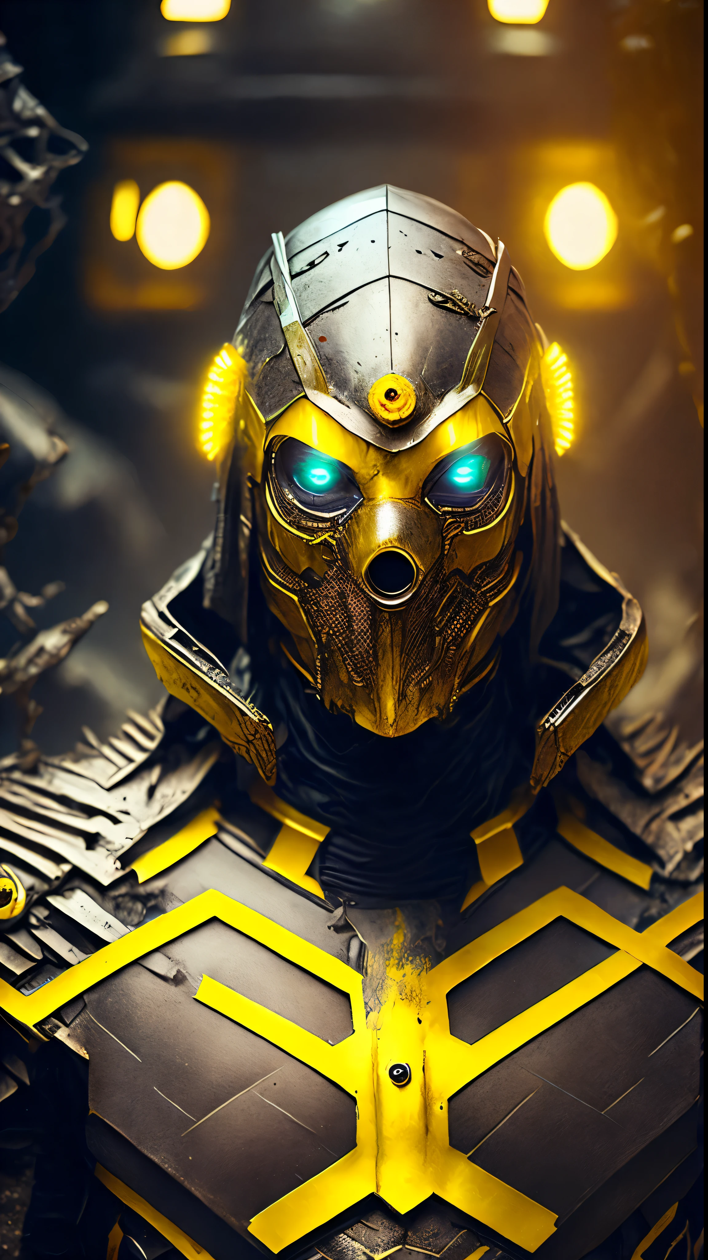 breathtaking cinematic science fiction photo of a portrait of a non human masked Grim wrapped in yellow chrome metal skin, body full glowing metrics inside, glowing multicoloured eyes, multifaceted eyes, metallic arms, inside a destroyed building, extremely menacing creature, highly detailed, award-winning