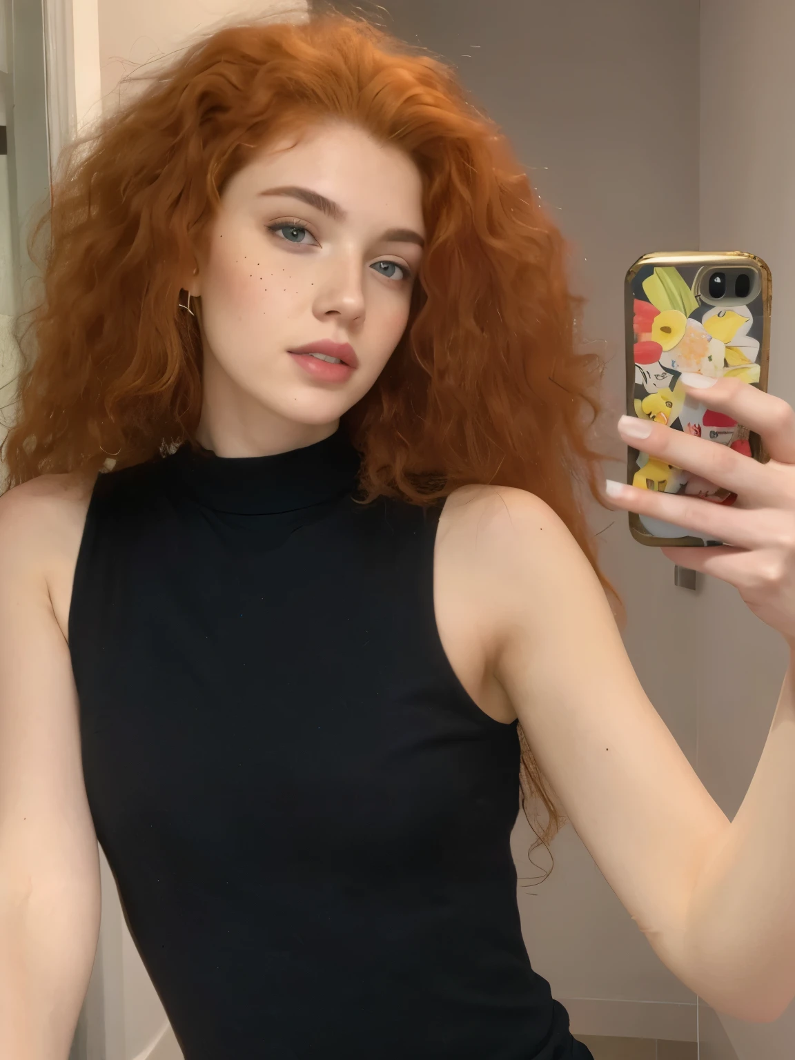 there is a woman taking a selfie in a mirror, con pelo rojo rizado, with pale skin, pale skin curly blonde hair, 2 4 year old female model, soft and pale skin, very very pale white skin, ella tiene el pelo largo color naranja, very very very pale skin, mujer joven infp, ella tiene el cabello rojo, chica pelirroja, pelo pelirrojo con pecas