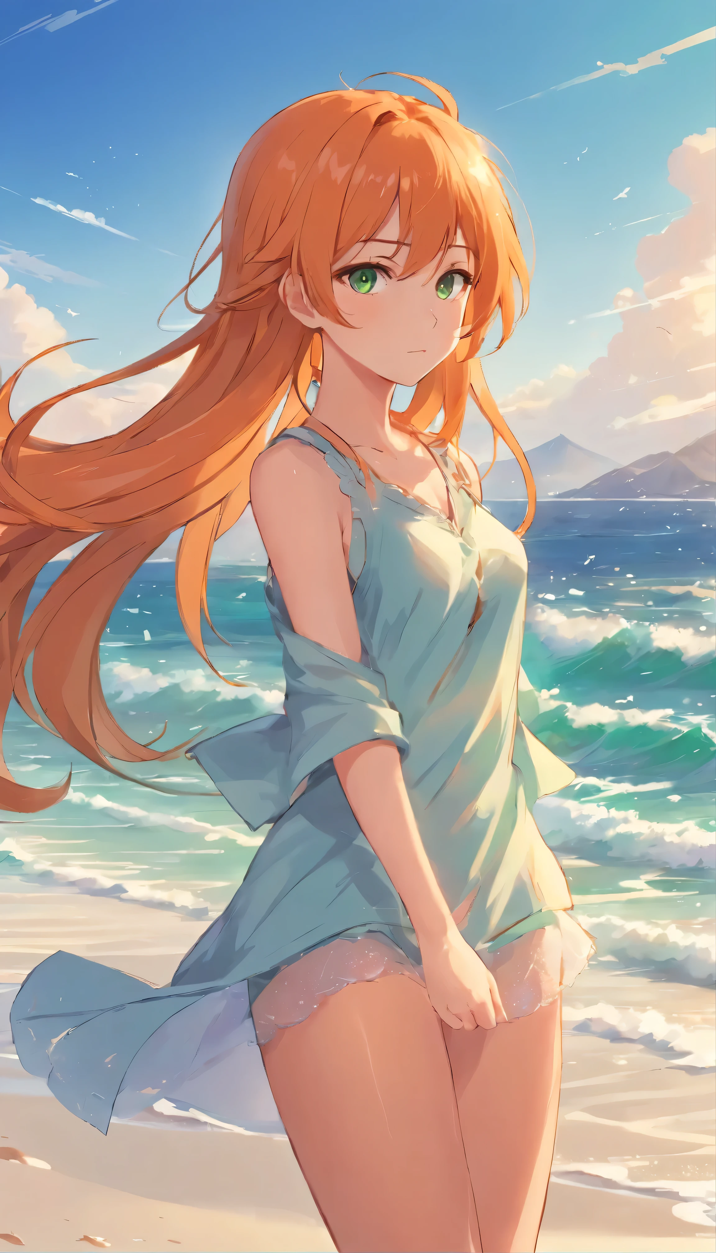 Anime girl with long orange hair, standing on the beach near the ocean, green eyes detailed digital anime art, anime girl with long hair, гладкое аниме cg art, anime girl with long hair, digital anime art, work in Guweiz style, Beautiful anime portrait, Photorealistic render of an anime girl, pantyhose, Beautiful anime girl, advanced digital anime art, guweiz на artstation pixiv HD UHD HQ