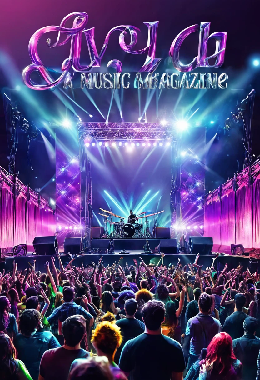 ((create a music and concert magazine cover:1.5, lots of people lights stage with a band playing, epic:1.4)), ((flashy and colorful cover:1.5)), ((Imaginative scene)), (( title on cover, (Rock Concert:1.3))),((highly detailed: 1.4), ((Masterpiece)), (Hyper-detailed and beautiful: 1.3), (Photorealistic: 1.4), 8k.