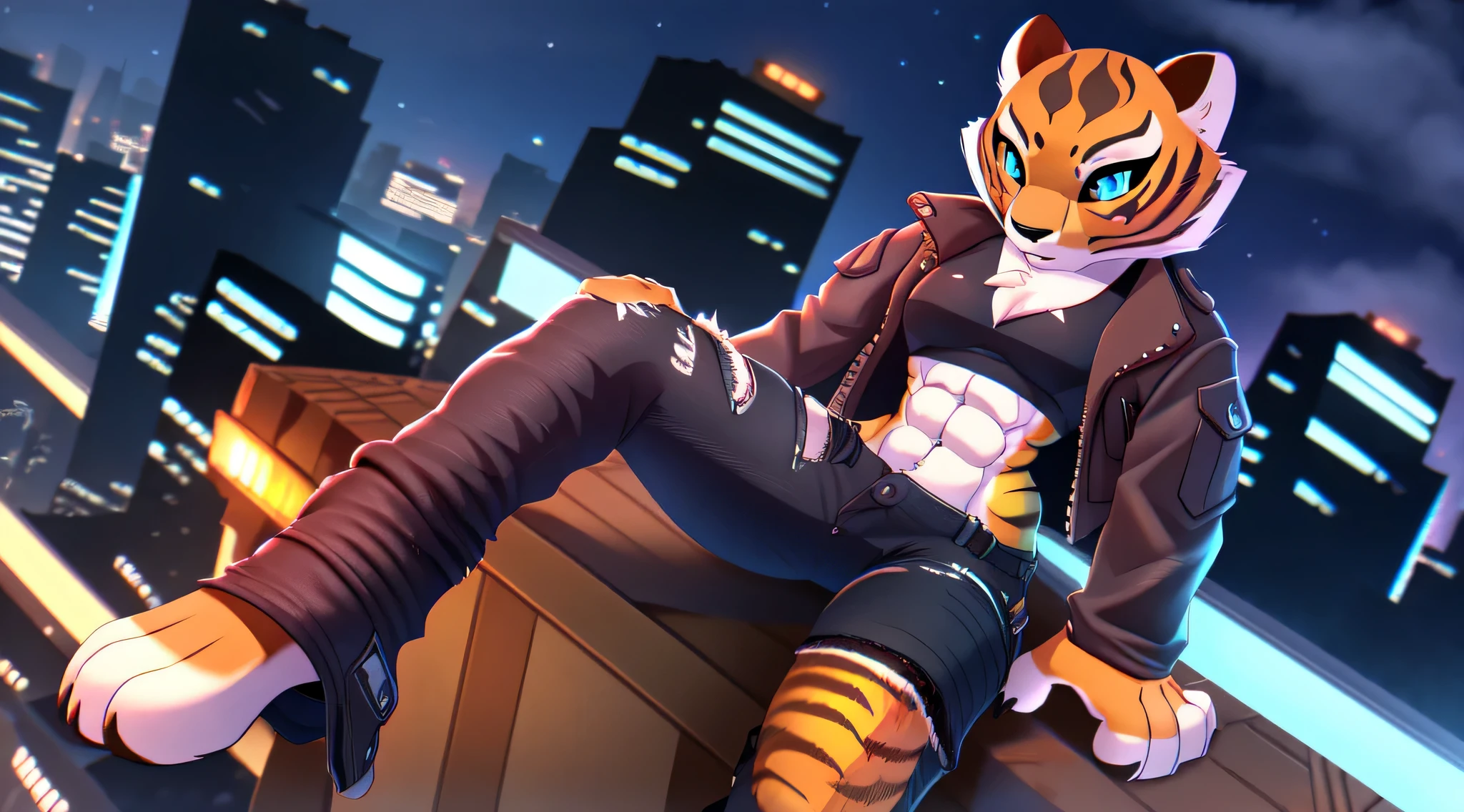  body fur, high res,1girl, solo female (((Tigress))), ((detailed Tigress)), ((muscular toned:1.2)), (detailed body), (detailed lighting), tail,cyber city, night, ((damaged cargo pants:1.4)), ((black denim crop top jacket:1.4)), balcony, looking at the sky, sit on a box, perspective, finely detailed paws, cinematic lighting, medium shot, masterpiece, blue eyes, shot from above, high angle shot,